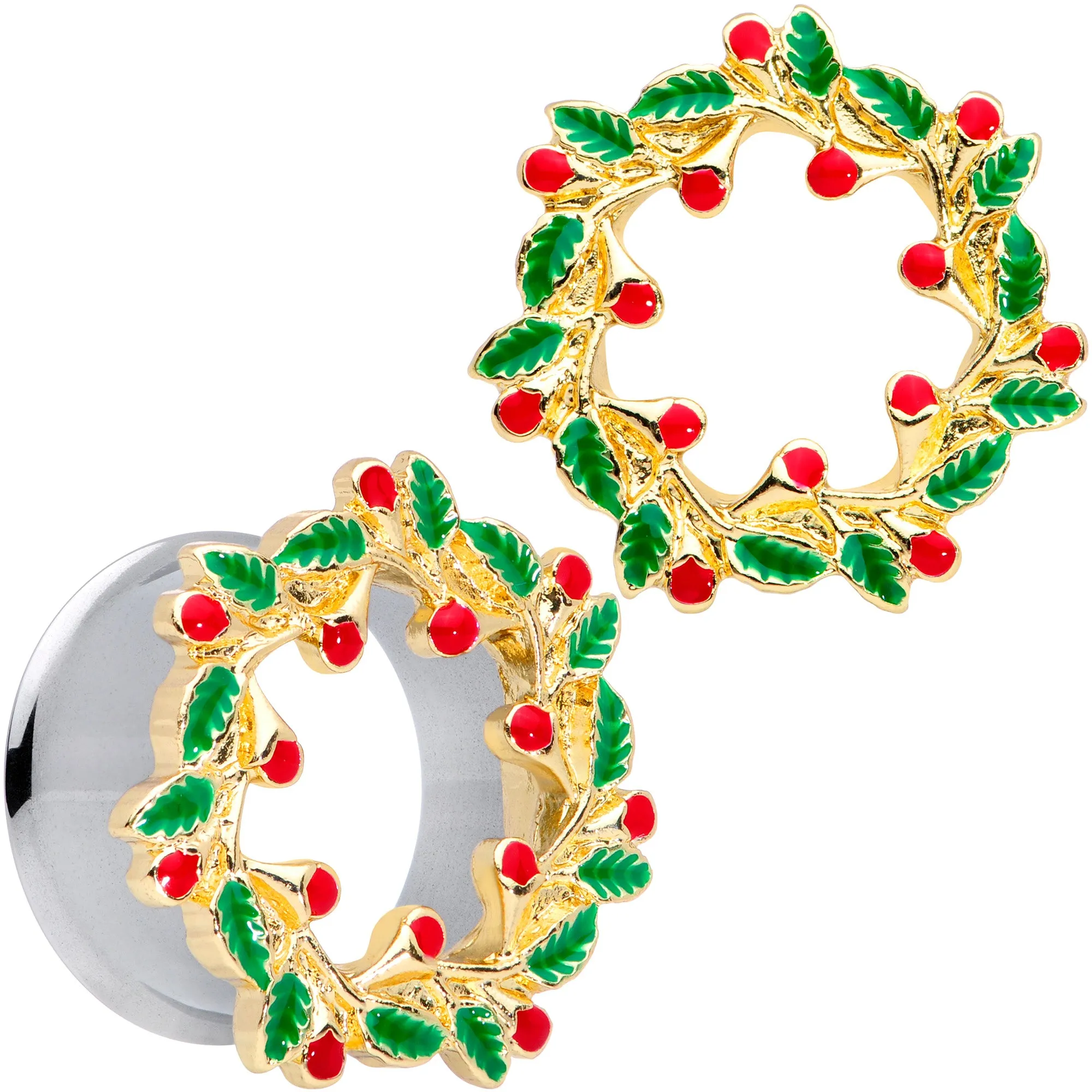 Happy Holiday Wreath Christmas Double Flare Plug Set 4 Gauge to 1 Inch