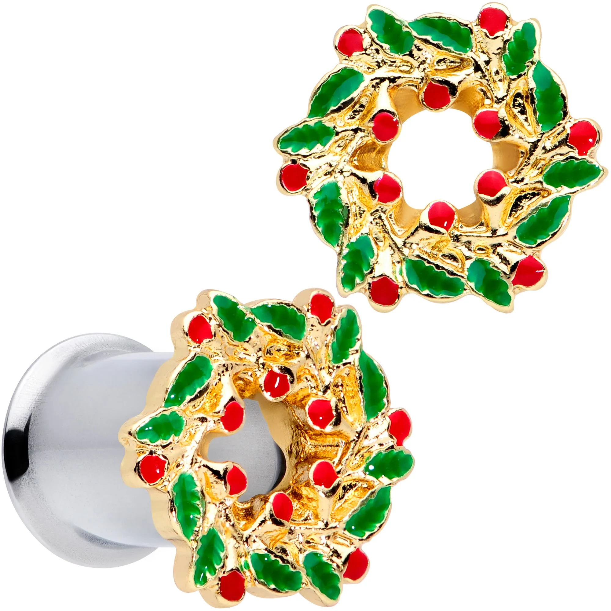 Happy Holiday Wreath Christmas Double Flare Plug Set 4 Gauge to 1 Inch