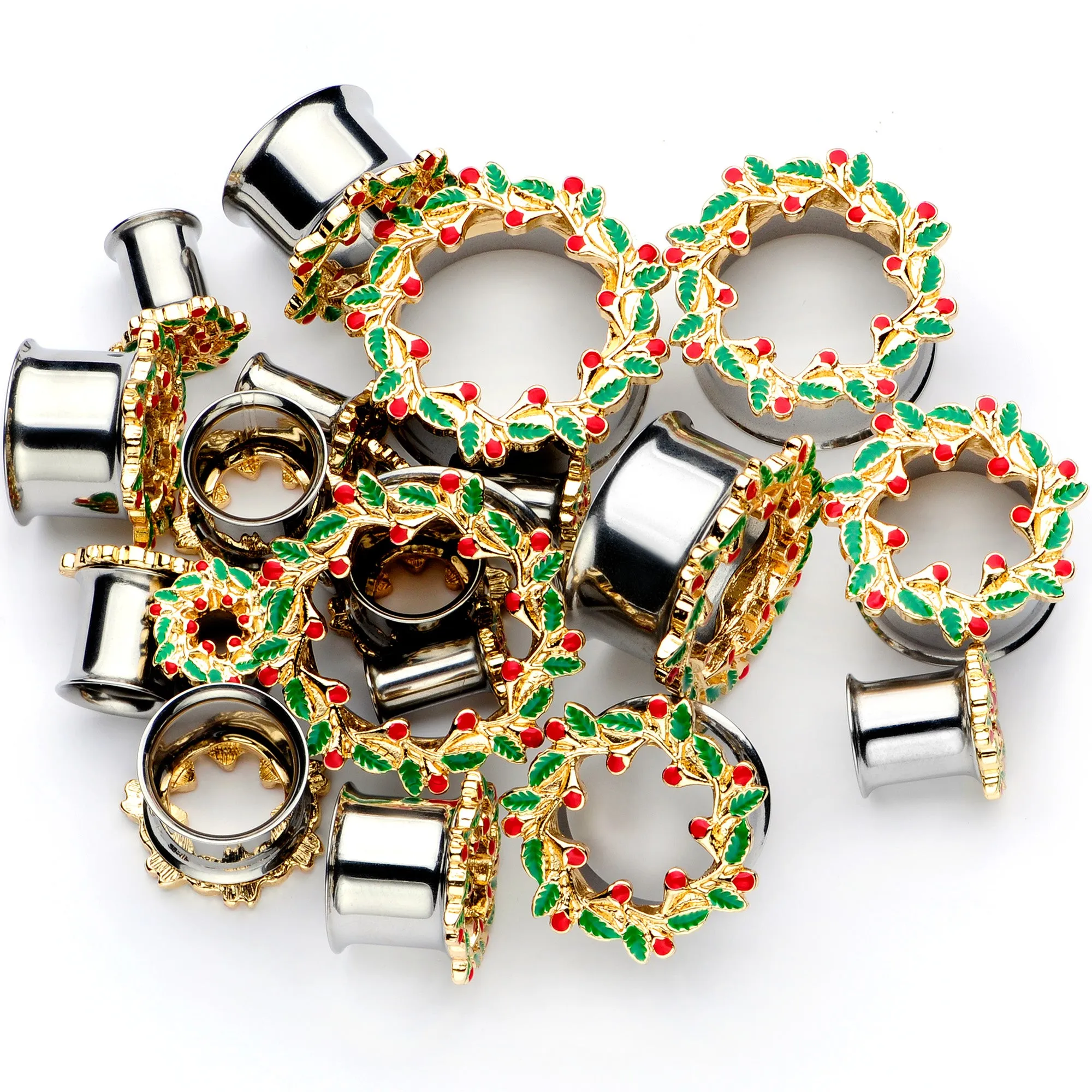 Happy Holiday Wreath Christmas Double Flare Plug Set 4 Gauge to 1 Inch