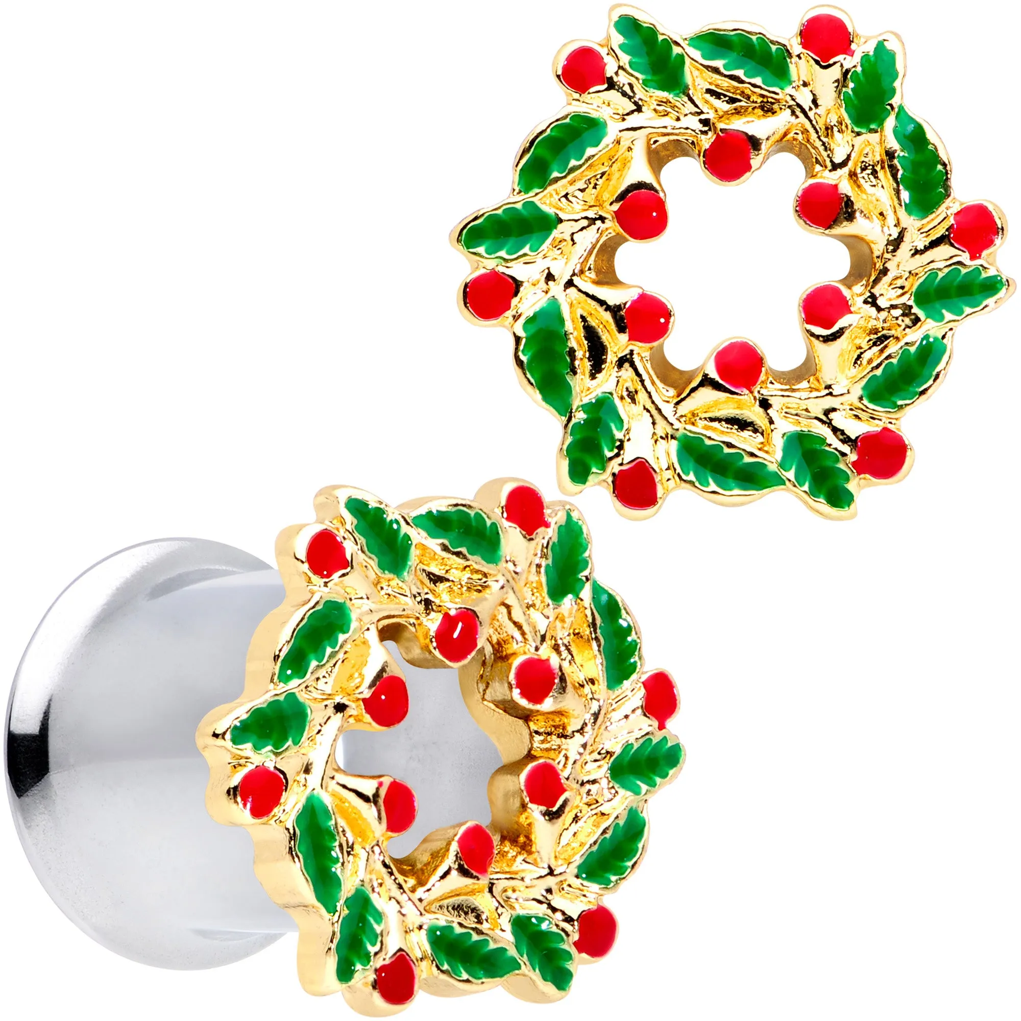 Happy Holiday Wreath Christmas Double Flare Plug Set 4 Gauge to 1 Inch