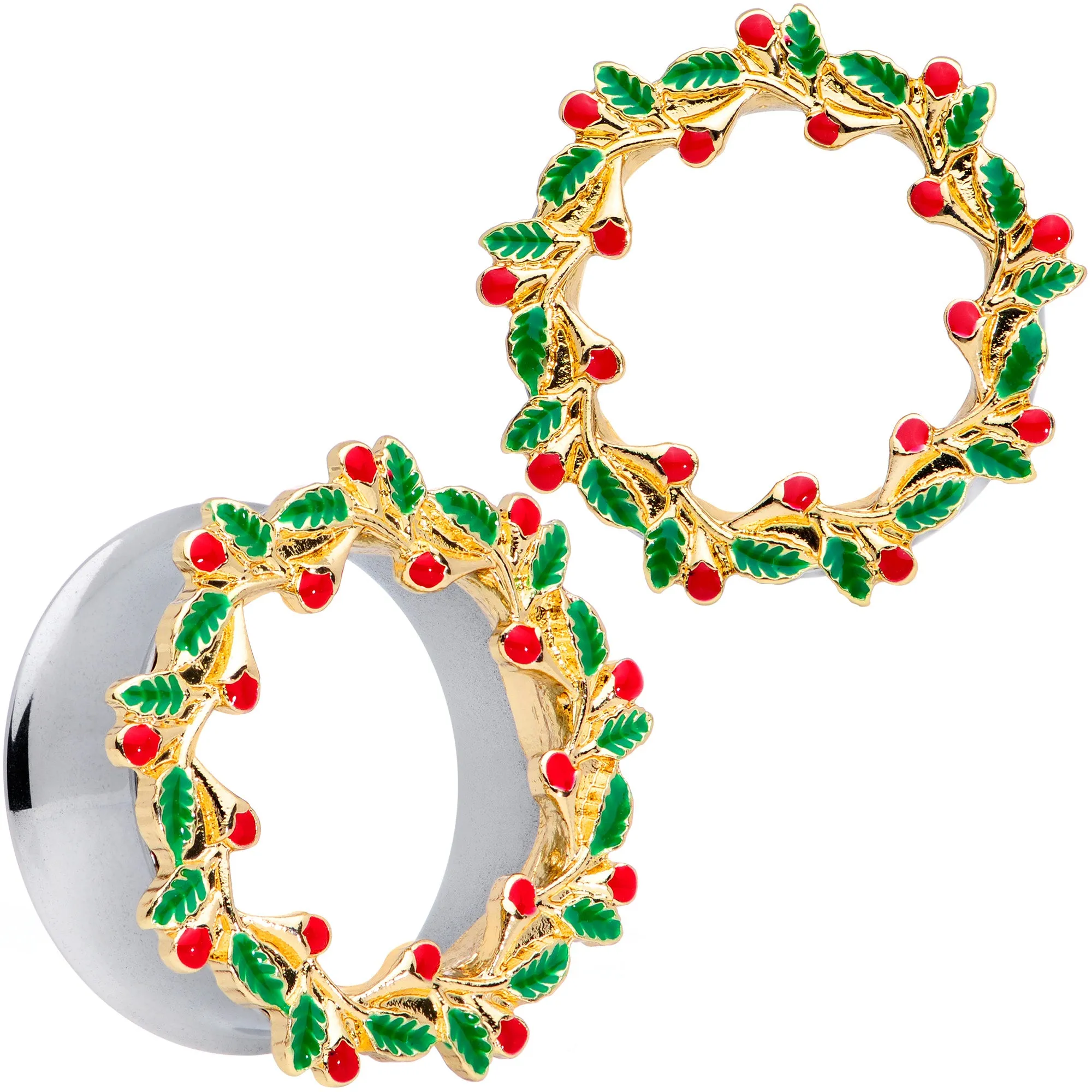 Happy Holiday Wreath Christmas Double Flare Plug Set 4 Gauge to 1 Inch