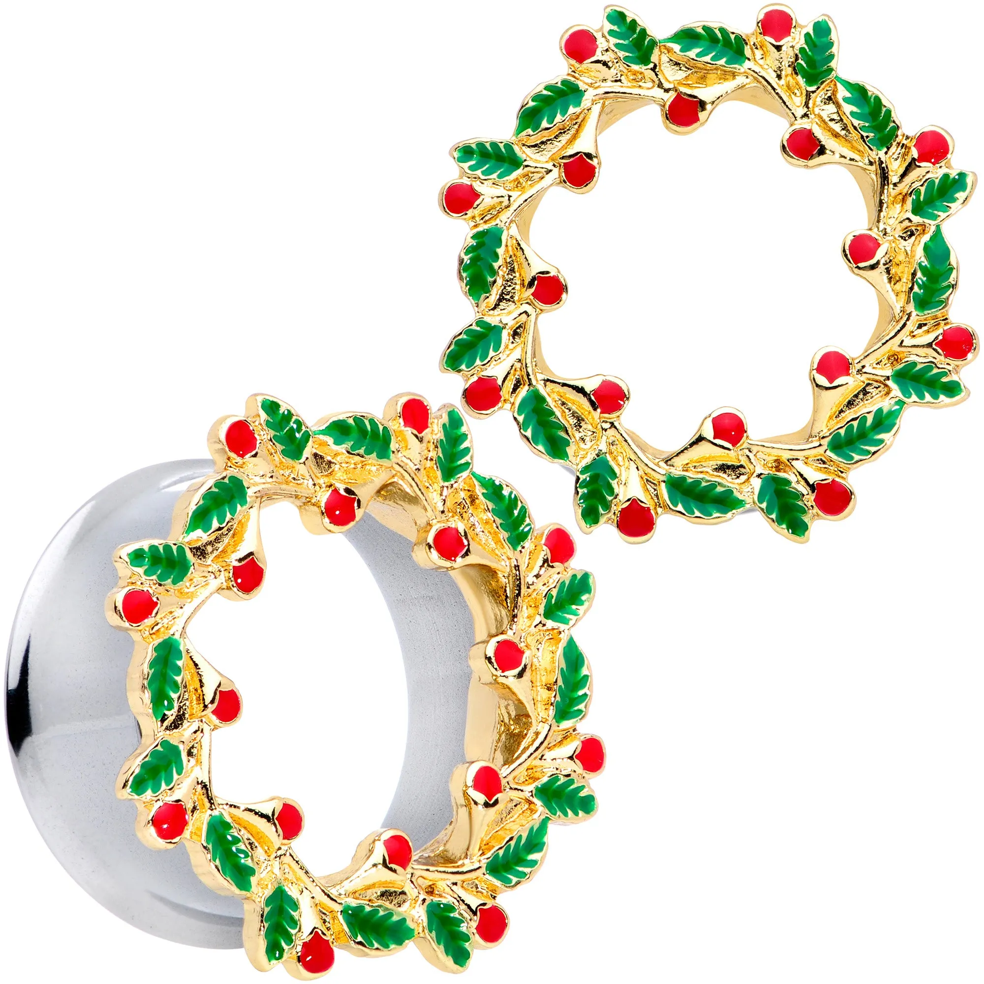 Happy Holiday Wreath Christmas Double Flare Plug Set 4 Gauge to 1 Inch