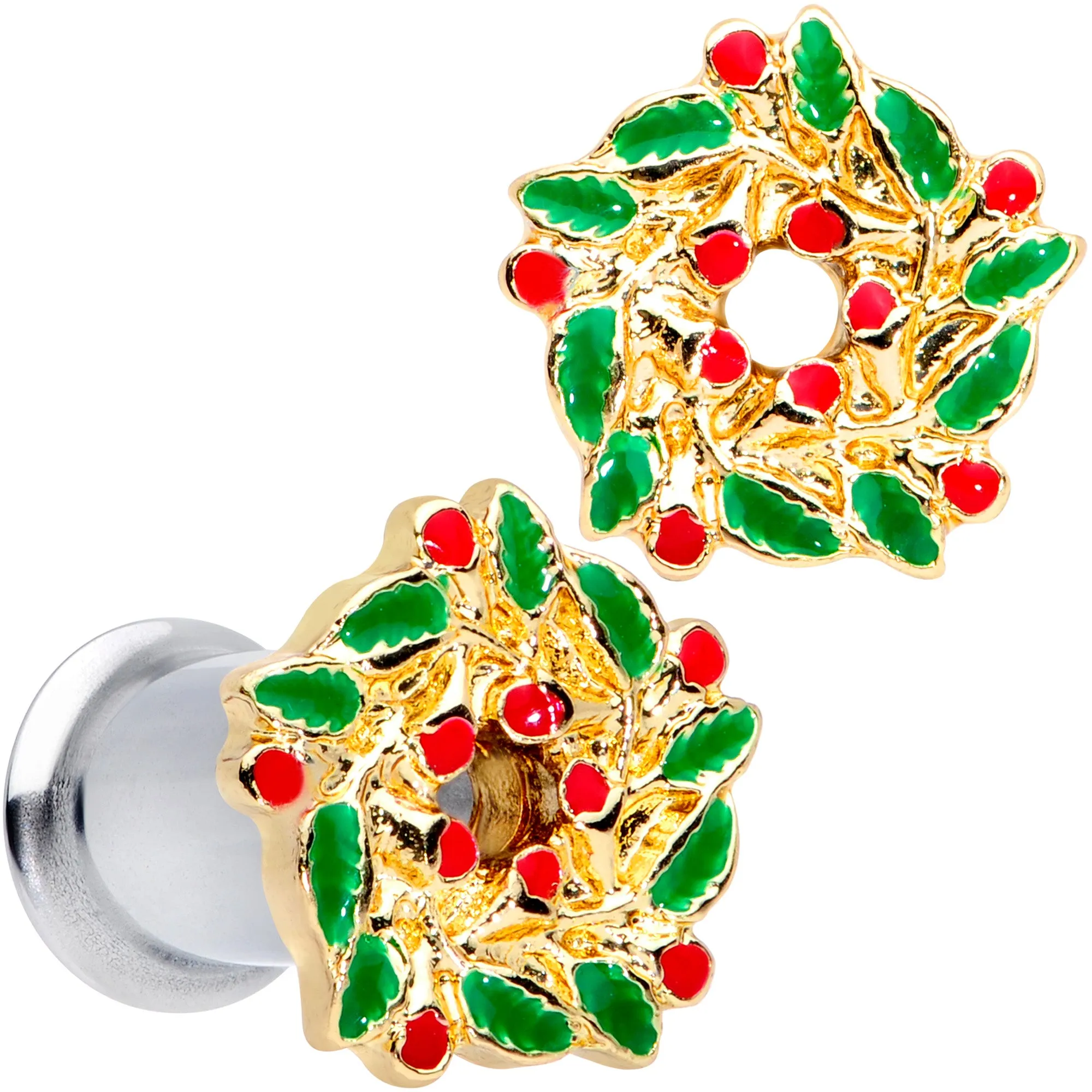 Happy Holiday Wreath Christmas Double Flare Plug Set 4 Gauge to 1 Inch