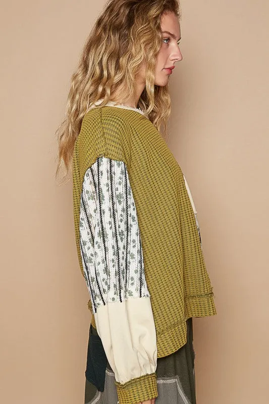 Hazel Blues® |  POL Exposed Seam Floral Patch Color Block Round Neck Sweatshirt