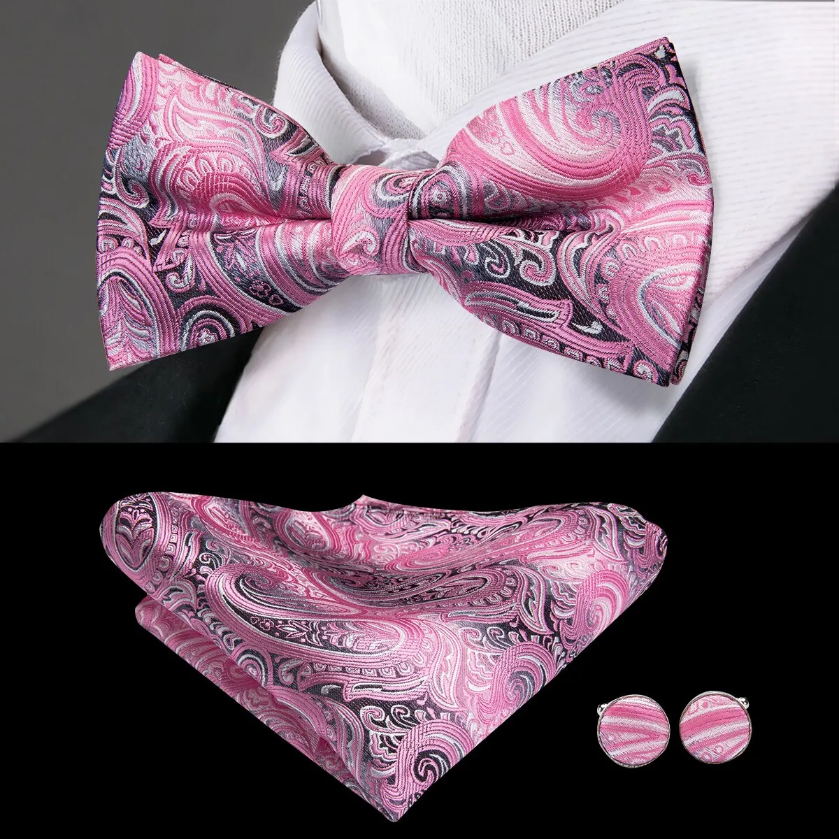 Hi-Tie Classic Black Bow Ties for Men 100% Silk Butterfly Pre-Tied Bow Tie Pocket Square Cufflinks Suit Set Floral Gold Bowties