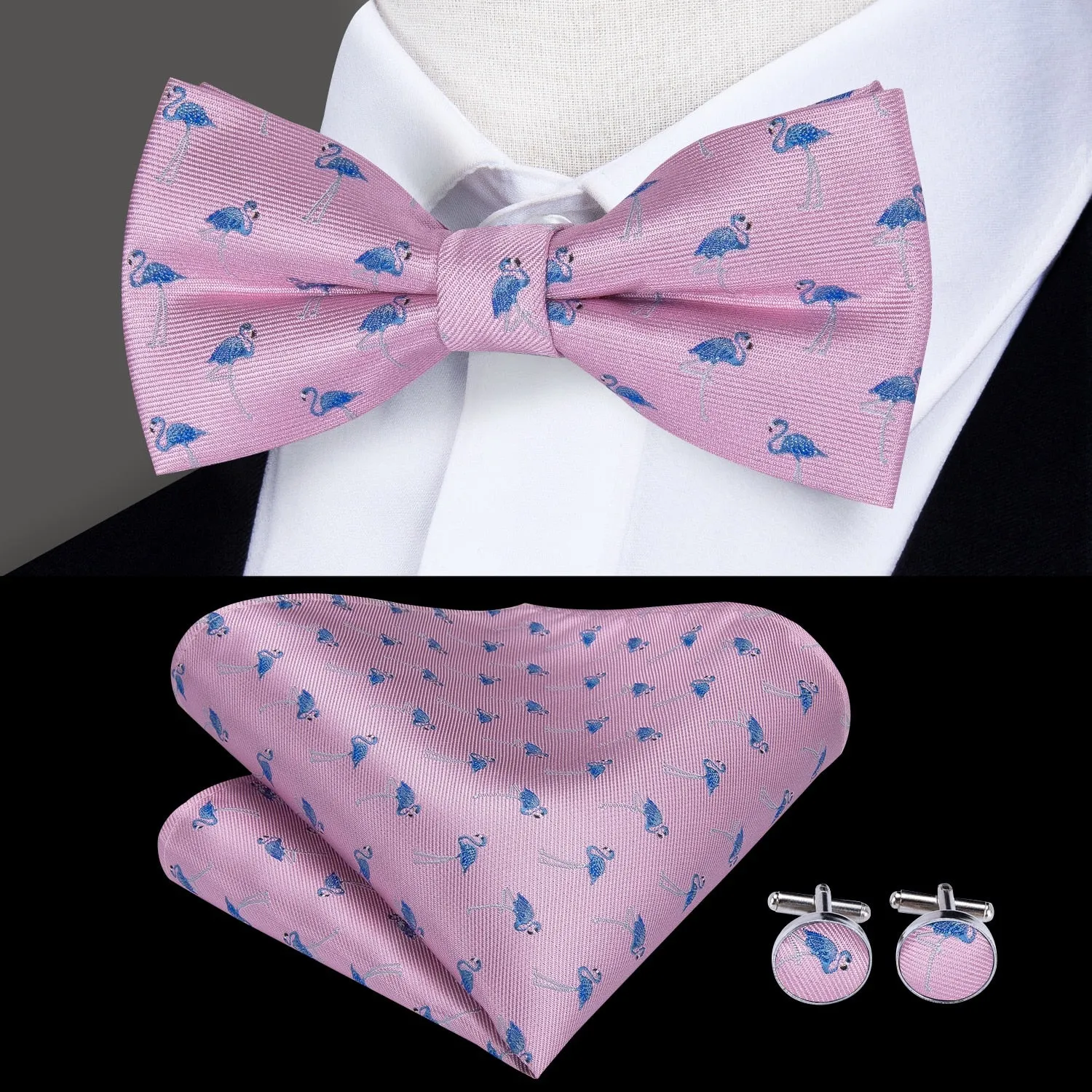 Hi-Tie Classic Black Bow Ties for Men 100% Silk Butterfly Pre-Tied Bow Tie Pocket Square Cufflinks Suit Set Floral Gold Bowties