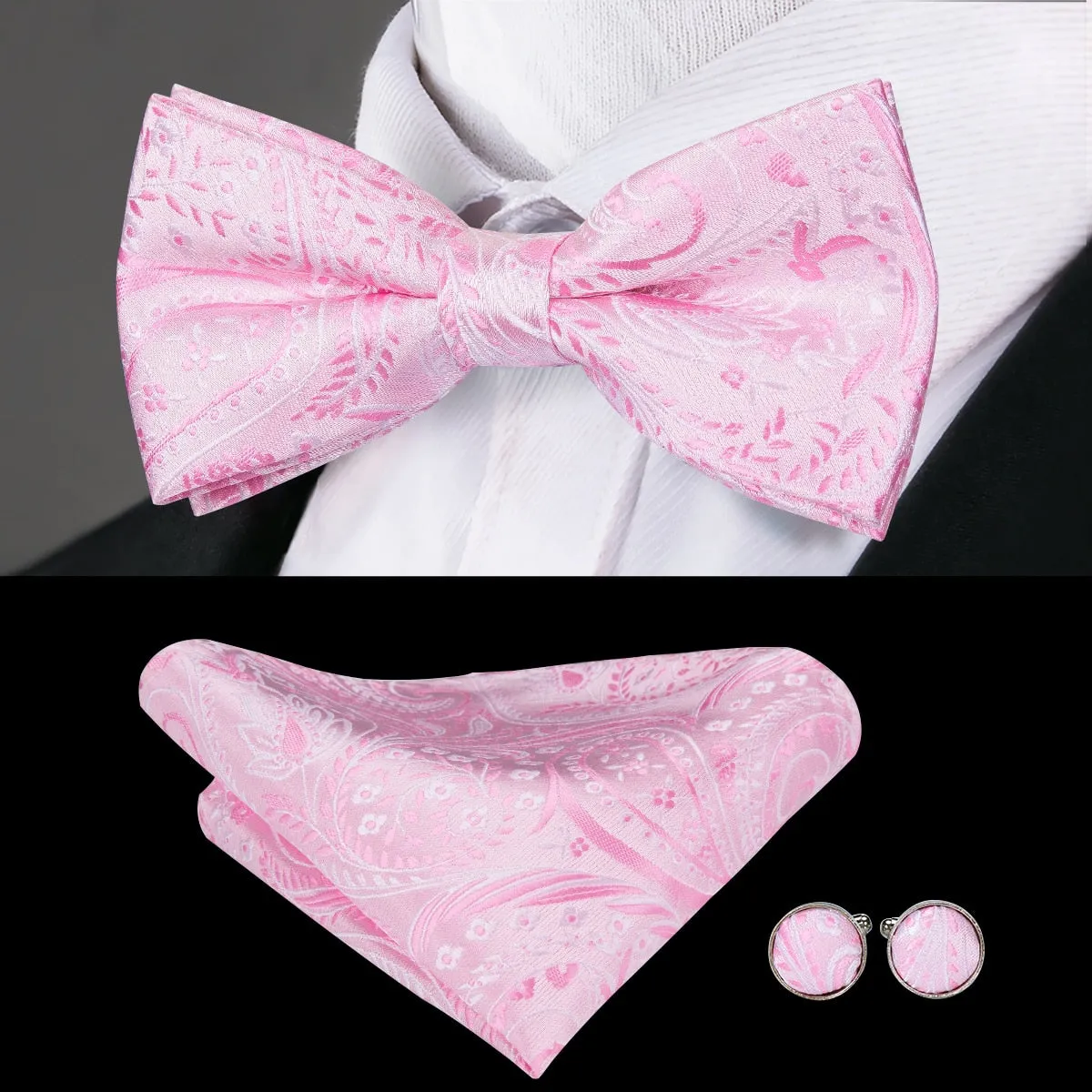 Hi-Tie Classic Black Bow Ties for Men 100% Silk Butterfly Pre-Tied Bow Tie Pocket Square Cufflinks Suit Set Floral Gold Bowties