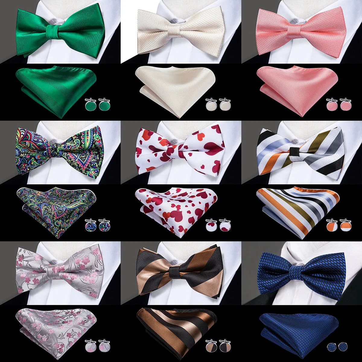 Hi-Tie Classic Black Bow Ties for Men 100% Silk Butterfly Pre-Tied Bow Tie Pocket Square Cufflinks Suit Set Floral Gold Bowties