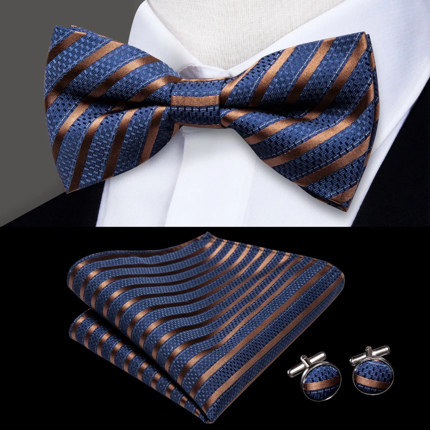 Hi-Tie Classic Black Bow Ties for Men 100% Silk Butterfly Pre-Tied Bow Tie Pocket Square Cufflinks Suit Set Floral Gold Bowties