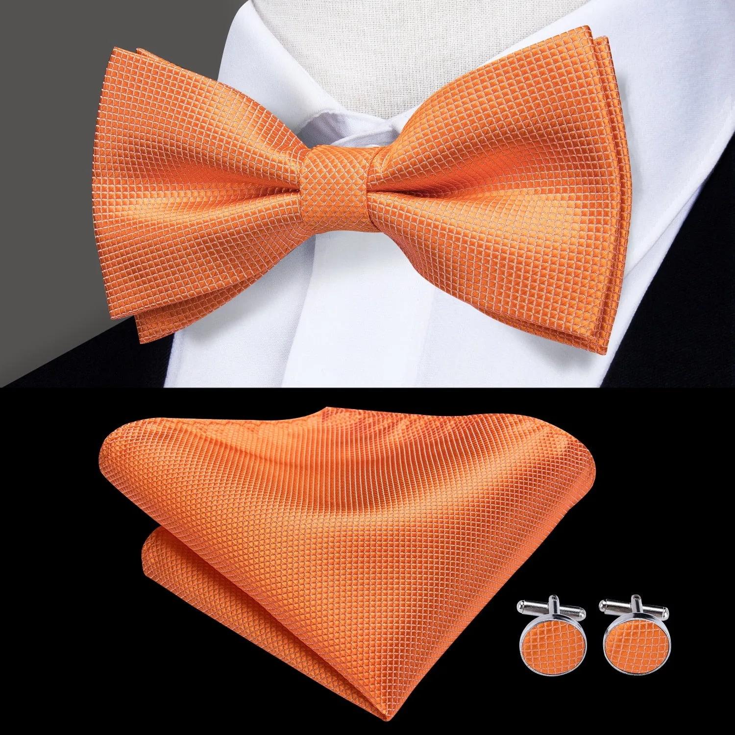 Hi-Tie Classic Black Bow Ties for Men 100% Silk Butterfly Pre-Tied Bow Tie Pocket Square Cufflinks Suit Set Floral Gold Bowties