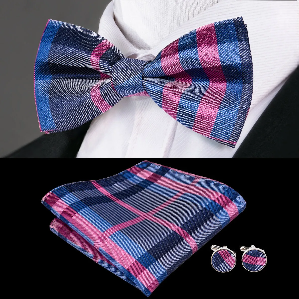 Hi-Tie Classic Black Bow Ties for Men 100% Silk Butterfly Pre-Tied Bow Tie Pocket Square Cufflinks Suit Set Floral Gold Bowties