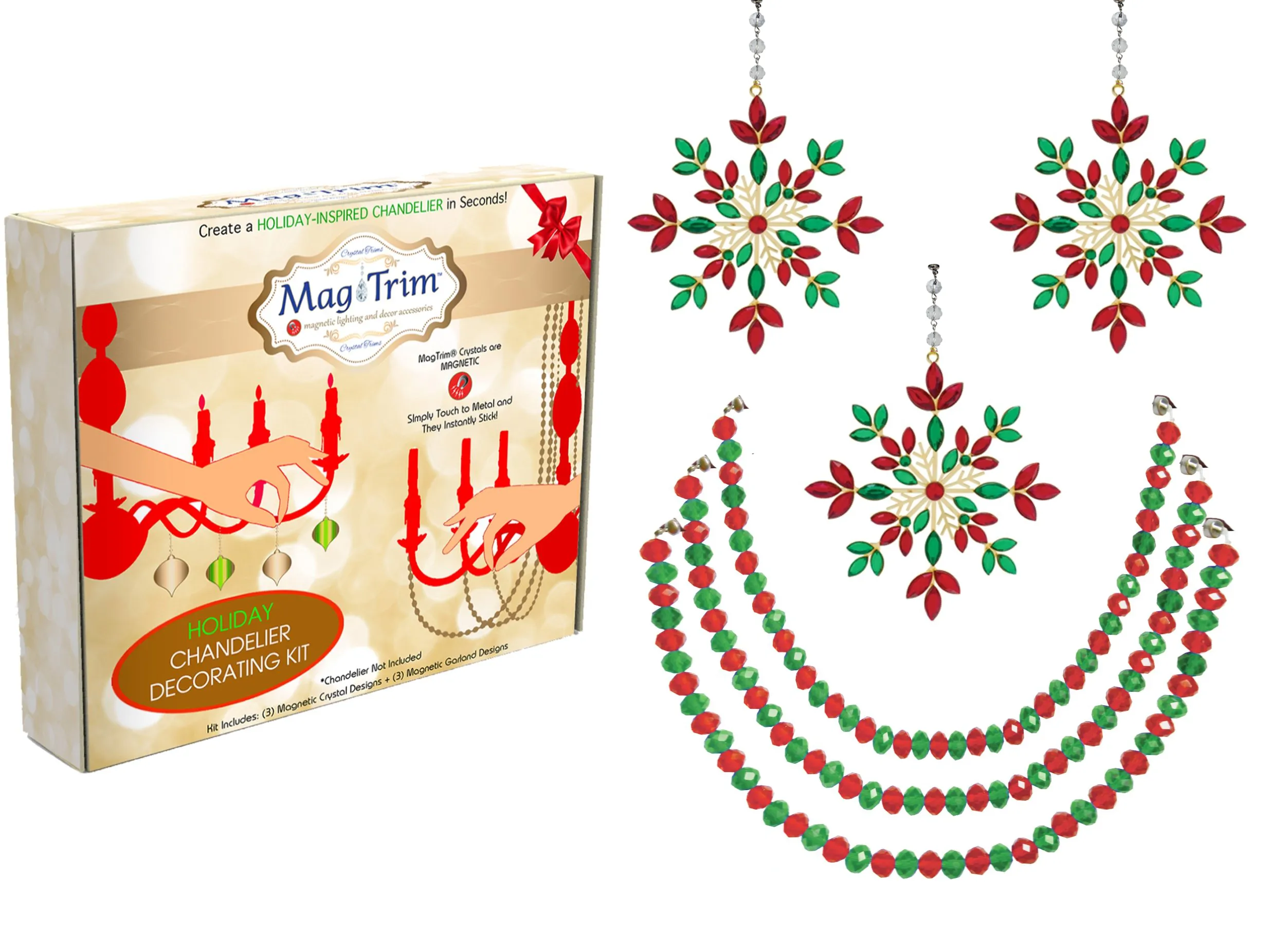 HOLIDAY CHANDELIER MAKEOVER KIT - (3) Red Green Jeweled Metal Snowflake   (3) 12" Red/Green Bead Crystal Garland