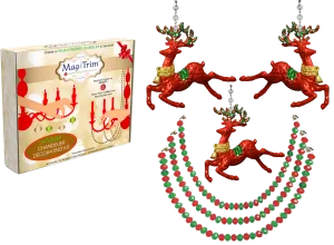 HOLIDAY CHANDELIER MAKEOVER KIT - (3) Red Reindeer   (3) 12" Red/Green Bead Crystal Garland