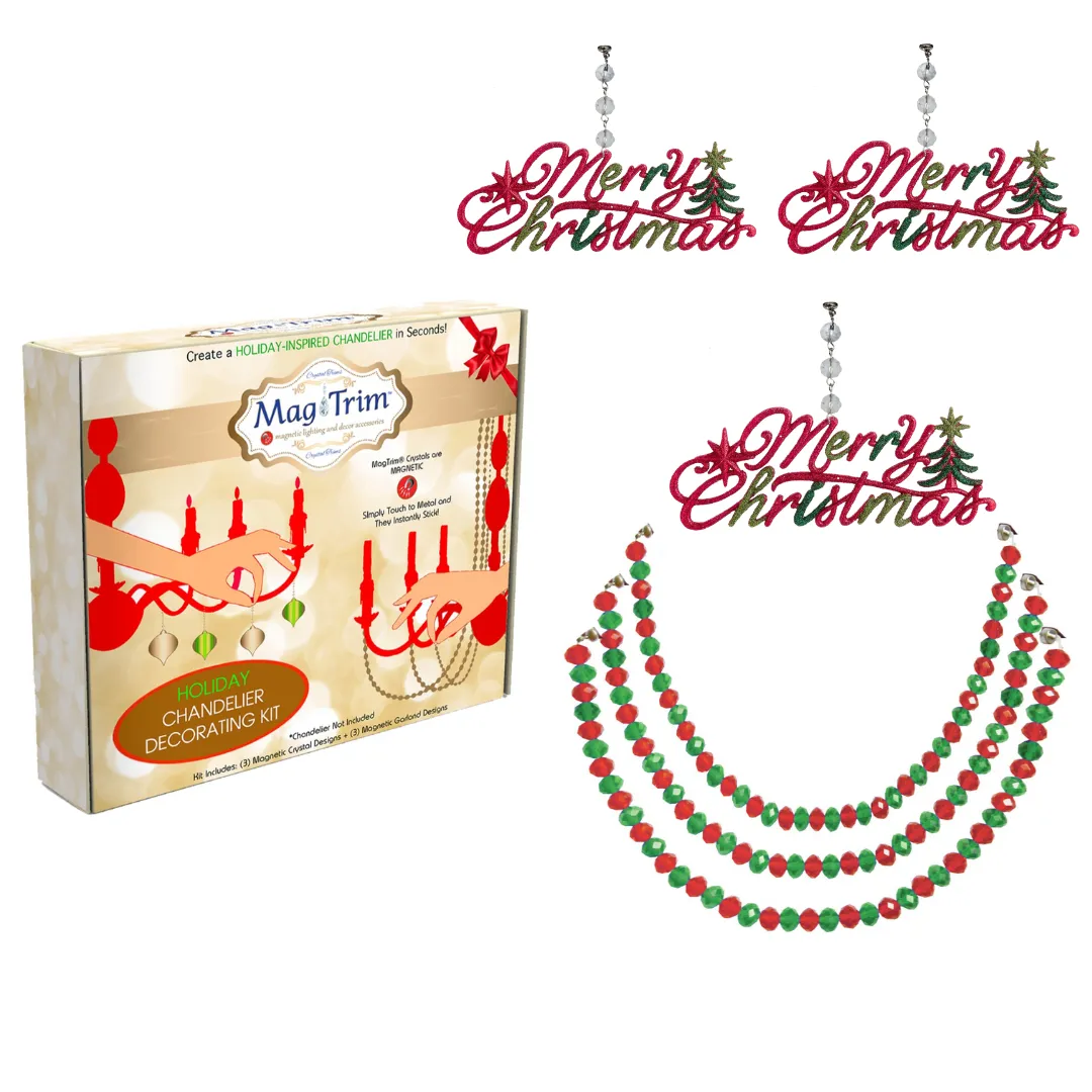 HOLIDAY CHANDELIER MAKEOVER KIT - (3) Red/Green Merry Christmas   (3) 12" Red/Green Crystal Garland