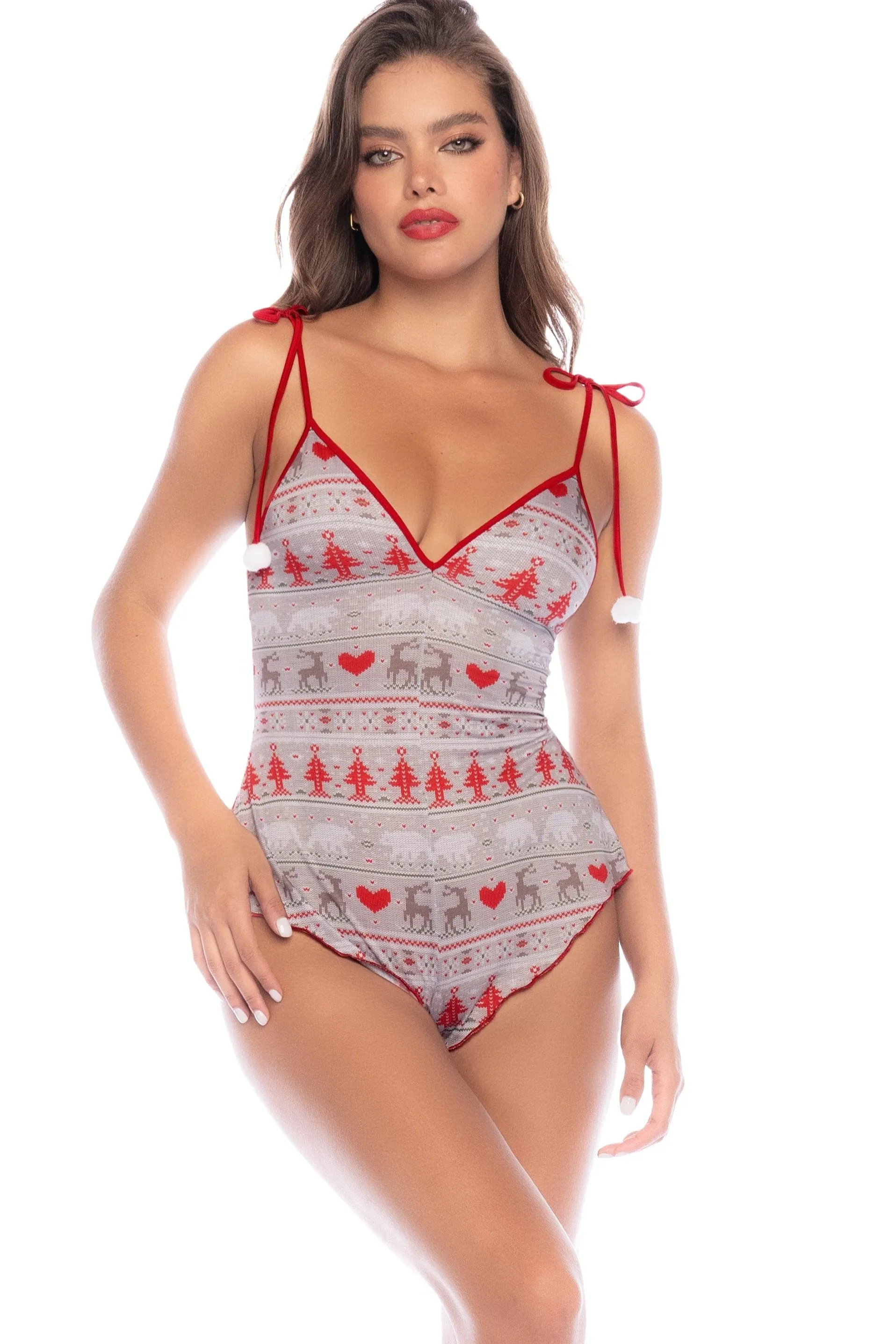 Holiday Print Romper with Bow-Tied Straps & Santa Pom Poms
