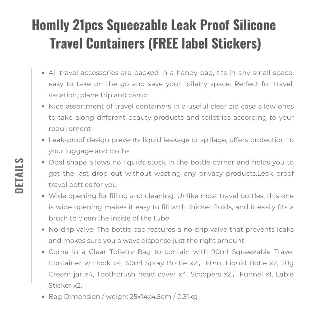 Homlly 21pcs Squeezable Leak Proof Silicone Travel Containers (FREE label Stickers)