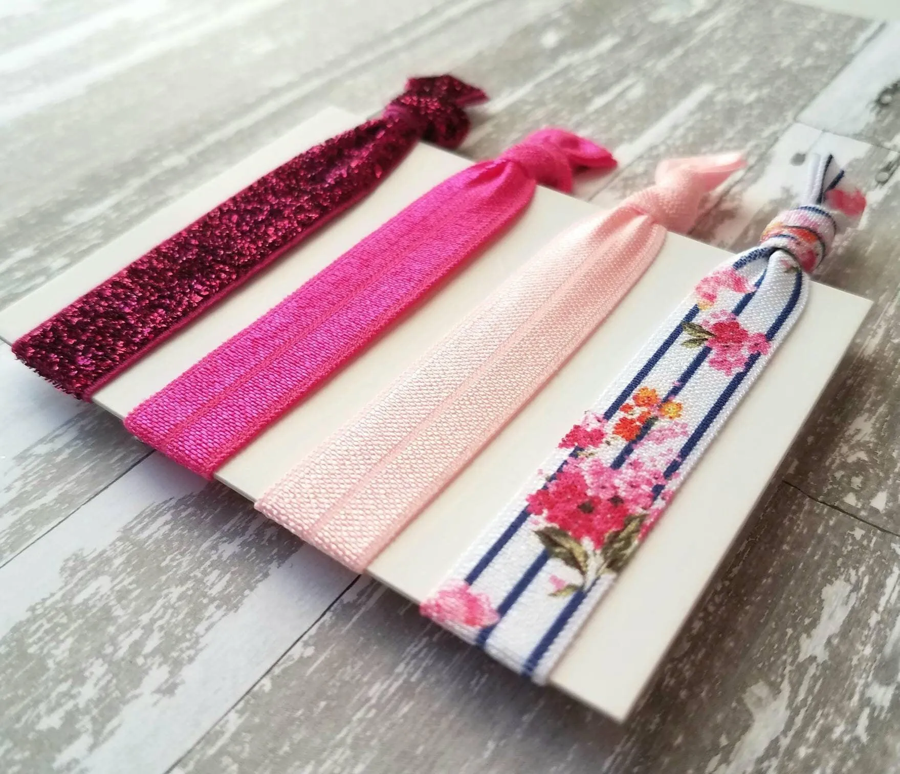 Hot Pink Hair Tie Band Set, pink hair ties, glitter hair tie, pink sparkle hair tie, pink ponytail holder, stretch hair band, floral tie