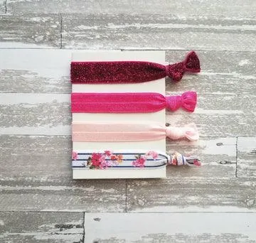 Hot Pink Hair Tie Band Set, pink hair ties, glitter hair tie, pink sparkle hair tie, pink ponytail holder, stretch hair band, floral tie
