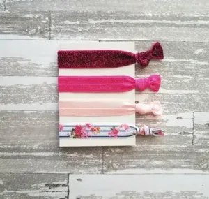 Hot Pink Hair Tie Band Set, pink hair ties, glitter hair tie, pink sparkle hair tie, pink ponytail holder, stretch hair band, floral tie