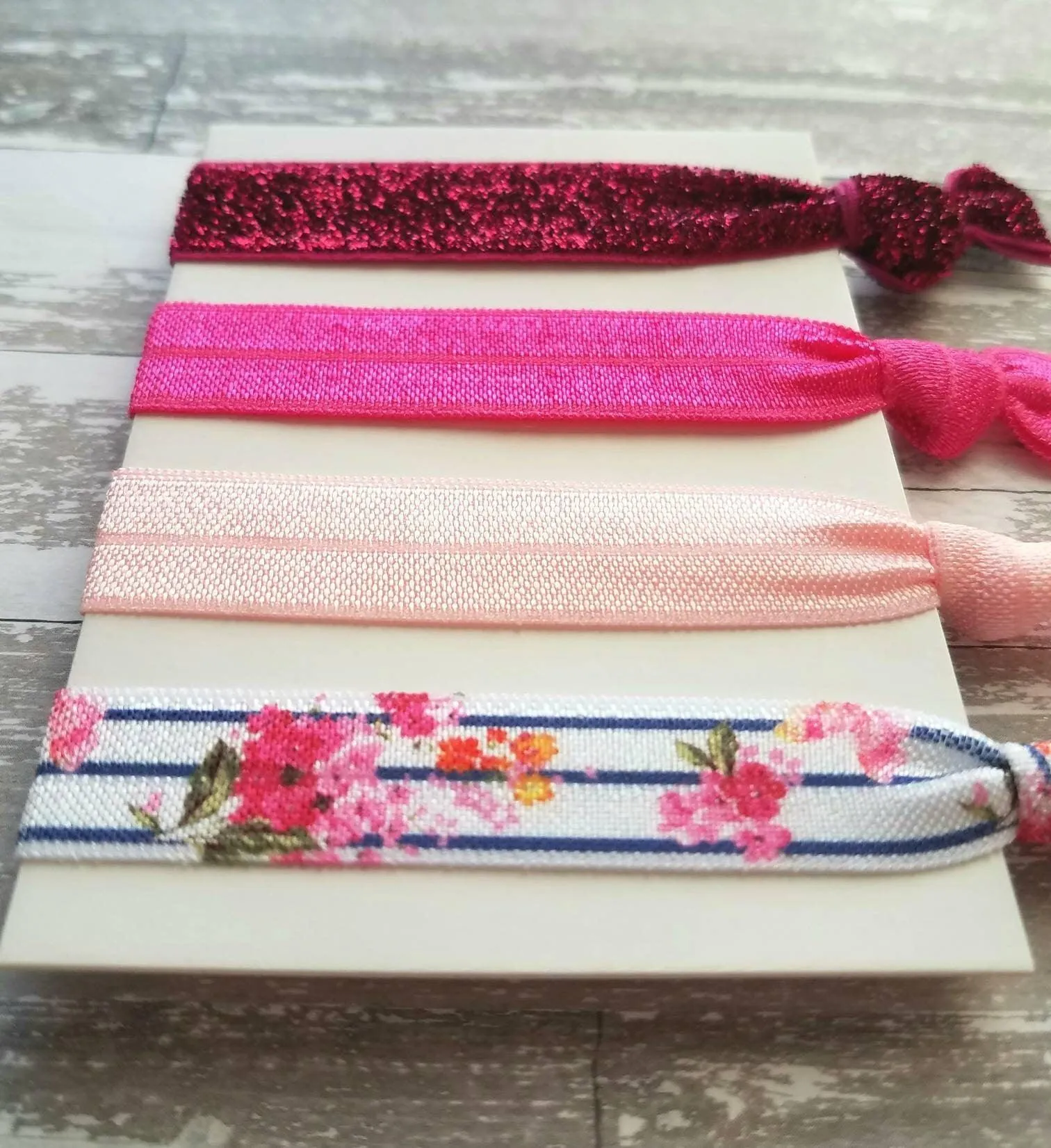 Hot Pink Hair Tie Band Set, pink hair ties, glitter hair tie, pink sparkle hair tie, pink ponytail holder, stretch hair band, floral tie