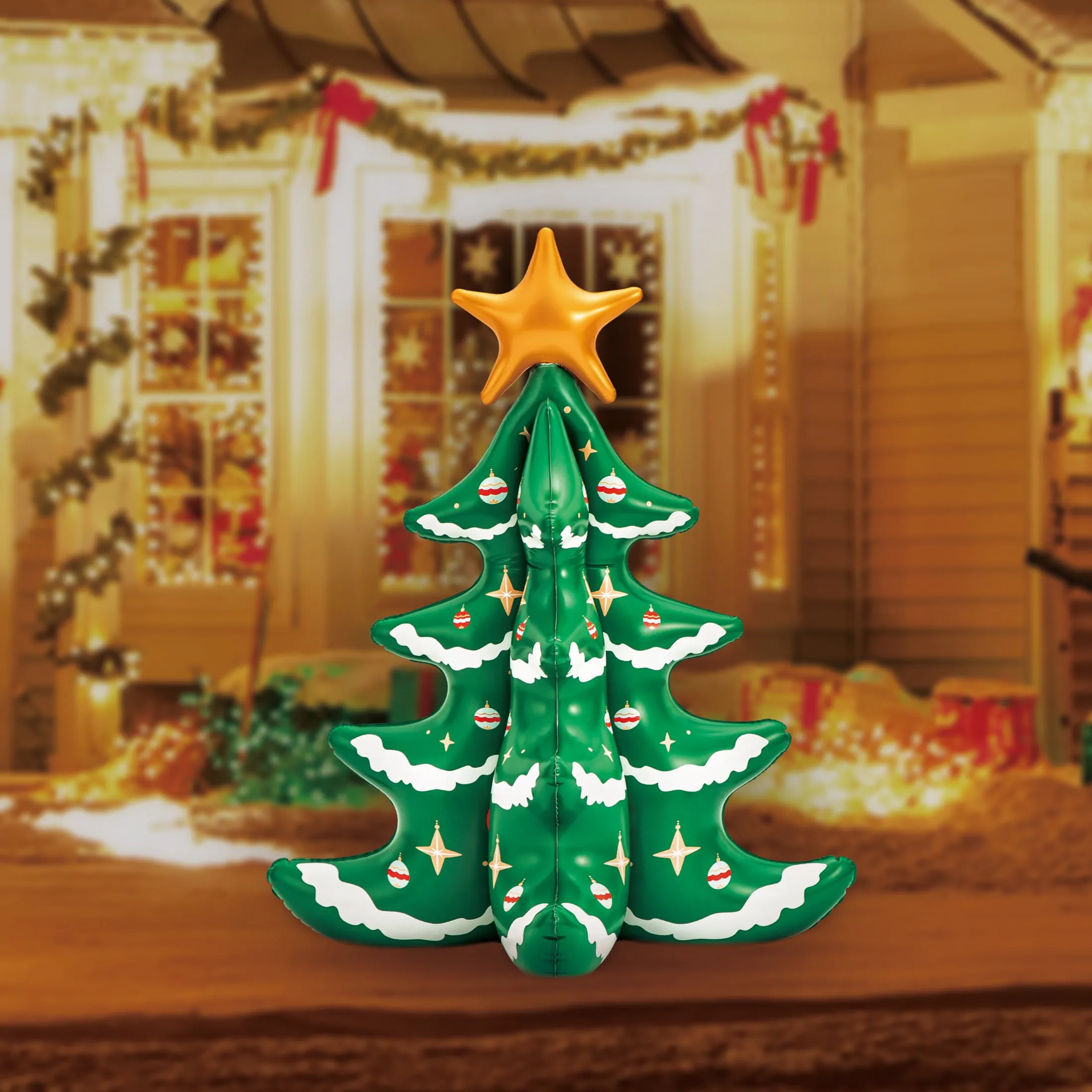 Inflatable Christmas Tree Indoor Outdoor Holiday Decor w/ Prints & gold Star 3'