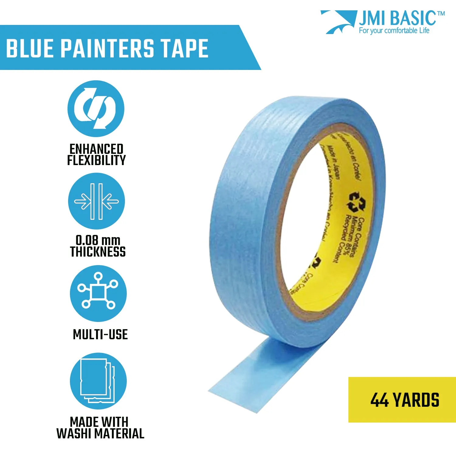 JMIBASIC Masking Tape Washi Paper  - 2 Inch (48mm) x 44 Yard, Multi Pack, Blue Painters Tape for Delicate Surface
