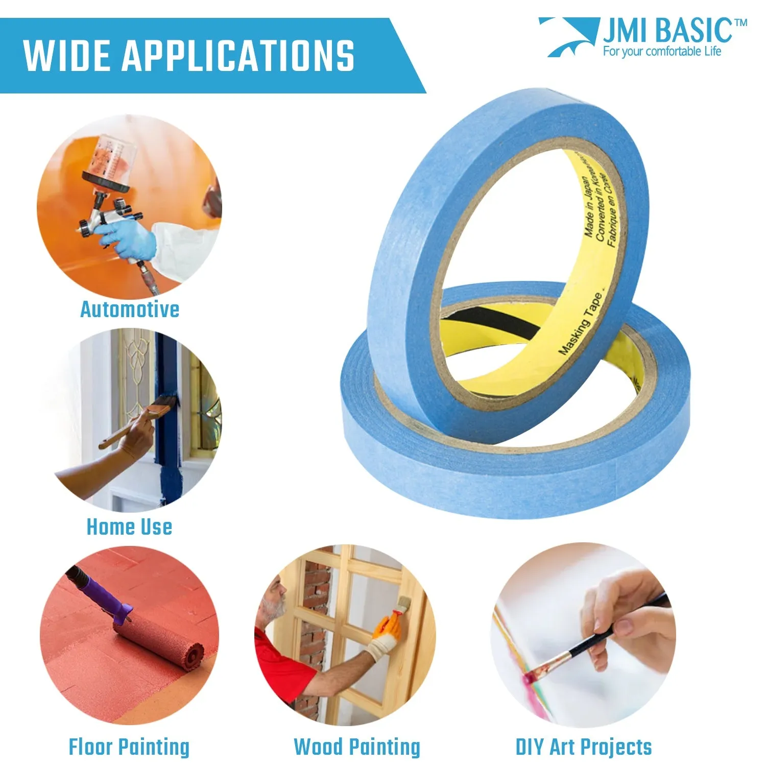 JMIBASIC Masking Tape Washi Paper  - 2 Inch (48mm) x 44 Yard, Multi Pack, Blue Painters Tape for Delicate Surface