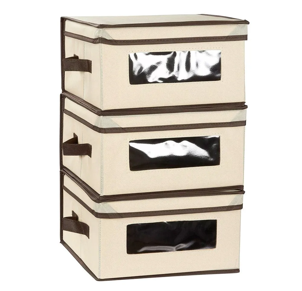 Juvale Storage Bins - 3-Pack Small Foldable Storage Cubes, Decorative Fabric Storage Bins with Lids and Clear Windows, Household Organization, Closet, Office Supplies, Beige, 12 x 12 x 6.5 Inches