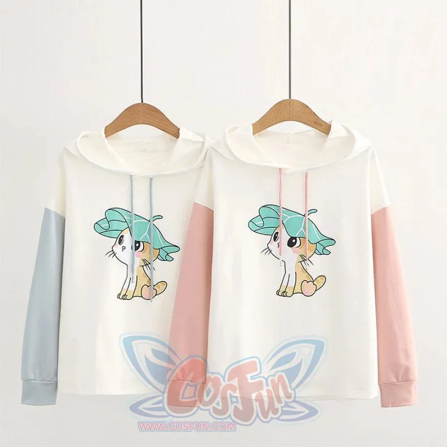 Kitty Ears Print Color Block Hoodie J20095