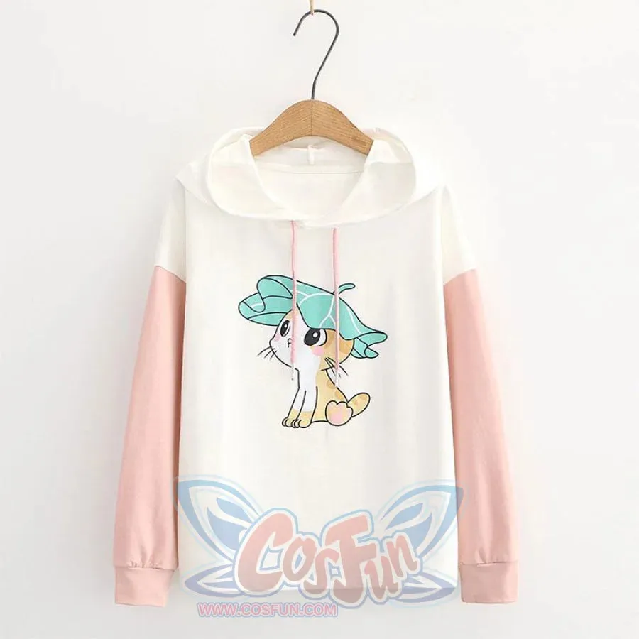 Kitty Ears Print Color Block Hoodie J20095