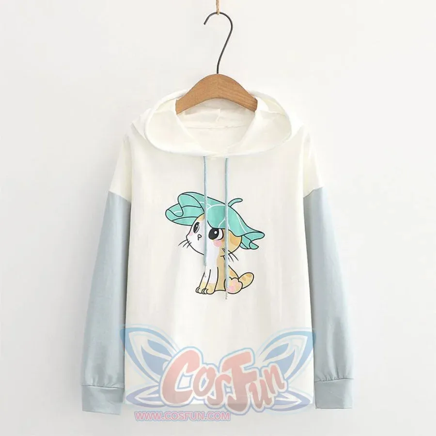 Kitty Ears Print Color Block Hoodie J20095