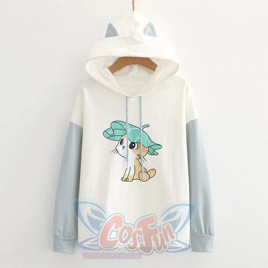 Kitty Ears Print Color Block Hoodie J20095