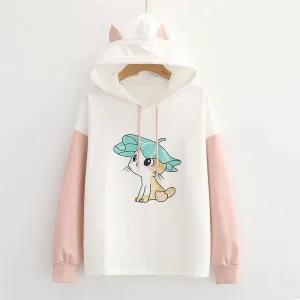 Kitty Ears Print Color Block Hoodie J20095