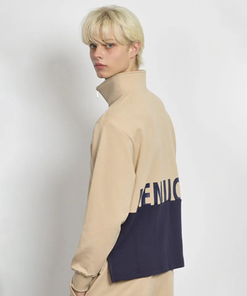 LENUCU Men's Big Logo Color Block Sweatshirt - Beige