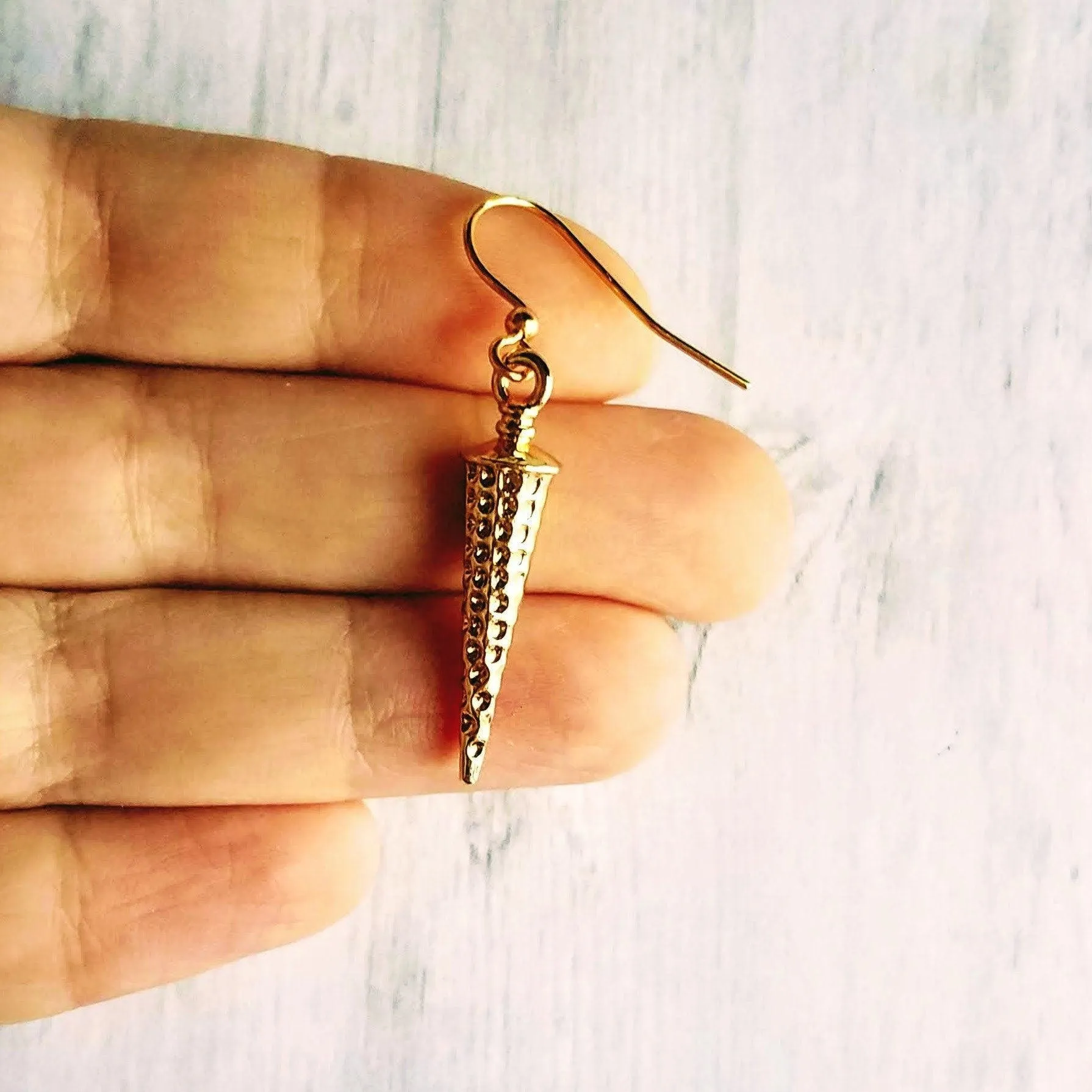 Long Gold Spike Earrings, long gold earring, gold spear earring, narrow spear, gold dagger earring, gold cone earring, dimpled simple gold