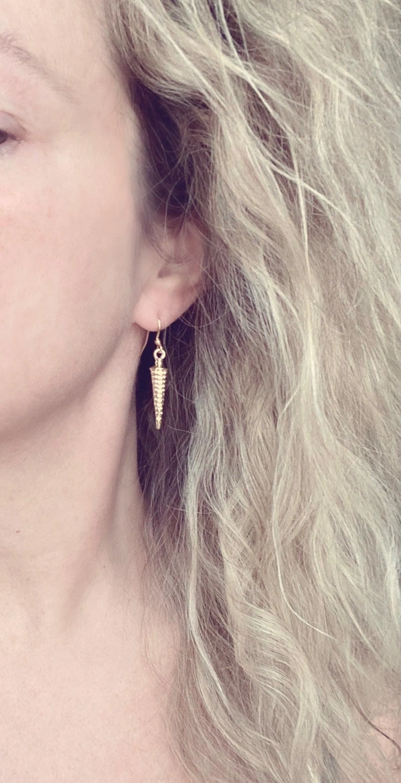 Long Gold Spike Earrings, long gold earring, gold spear earring, narrow spear, gold dagger earring, gold cone earring, dimpled simple gold