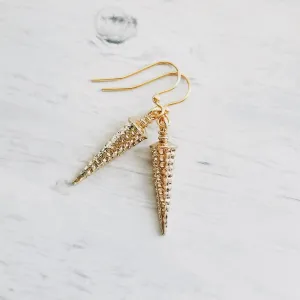 Long Gold Spike Earrings, long gold earring, gold spear earring, narrow spear, gold dagger earring, gold cone earring, dimpled simple gold