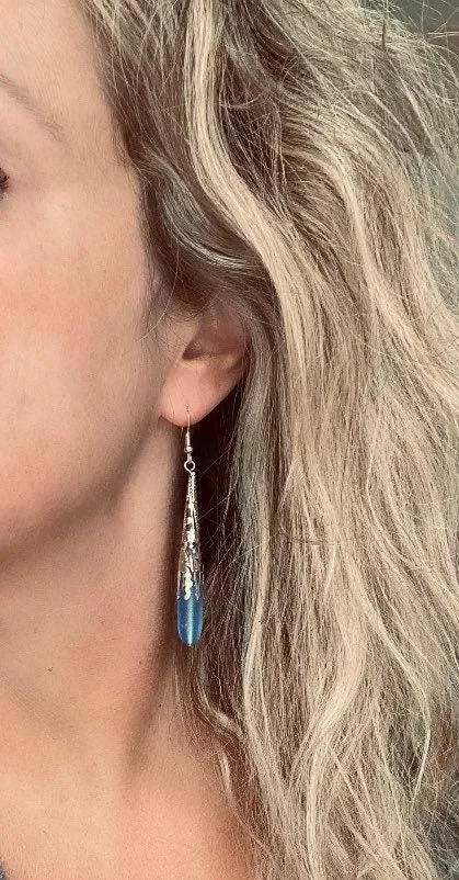 Long Silver Drop Earrings - frosted elongated periwinkle blue/violet sea glass teardrop in thin ornate lacy filigree cone wrap - 3 inch