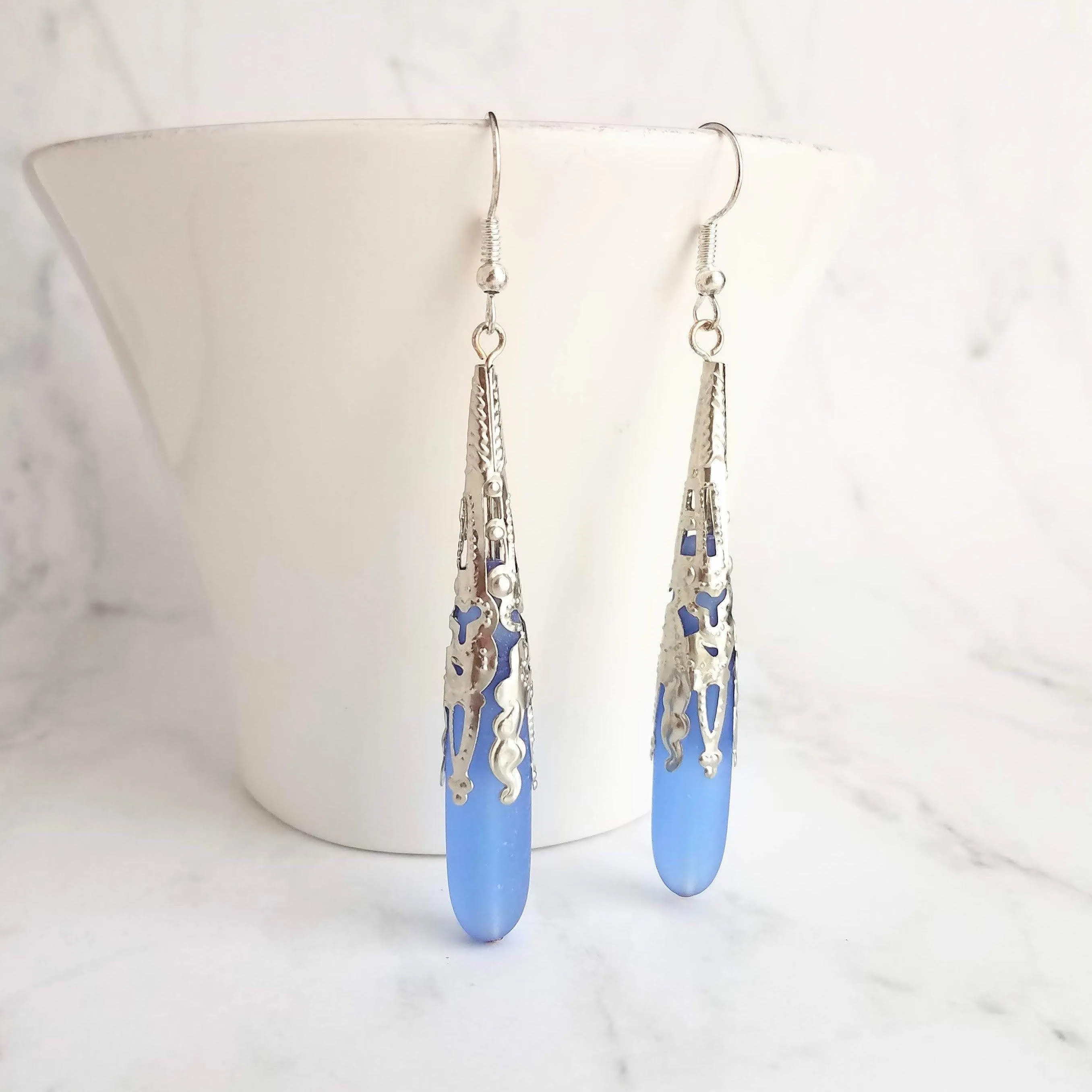 Long Silver Drop Earrings - frosted elongated periwinkle blue/violet sea glass teardrop in thin ornate lacy filigree cone wrap - 3 inch