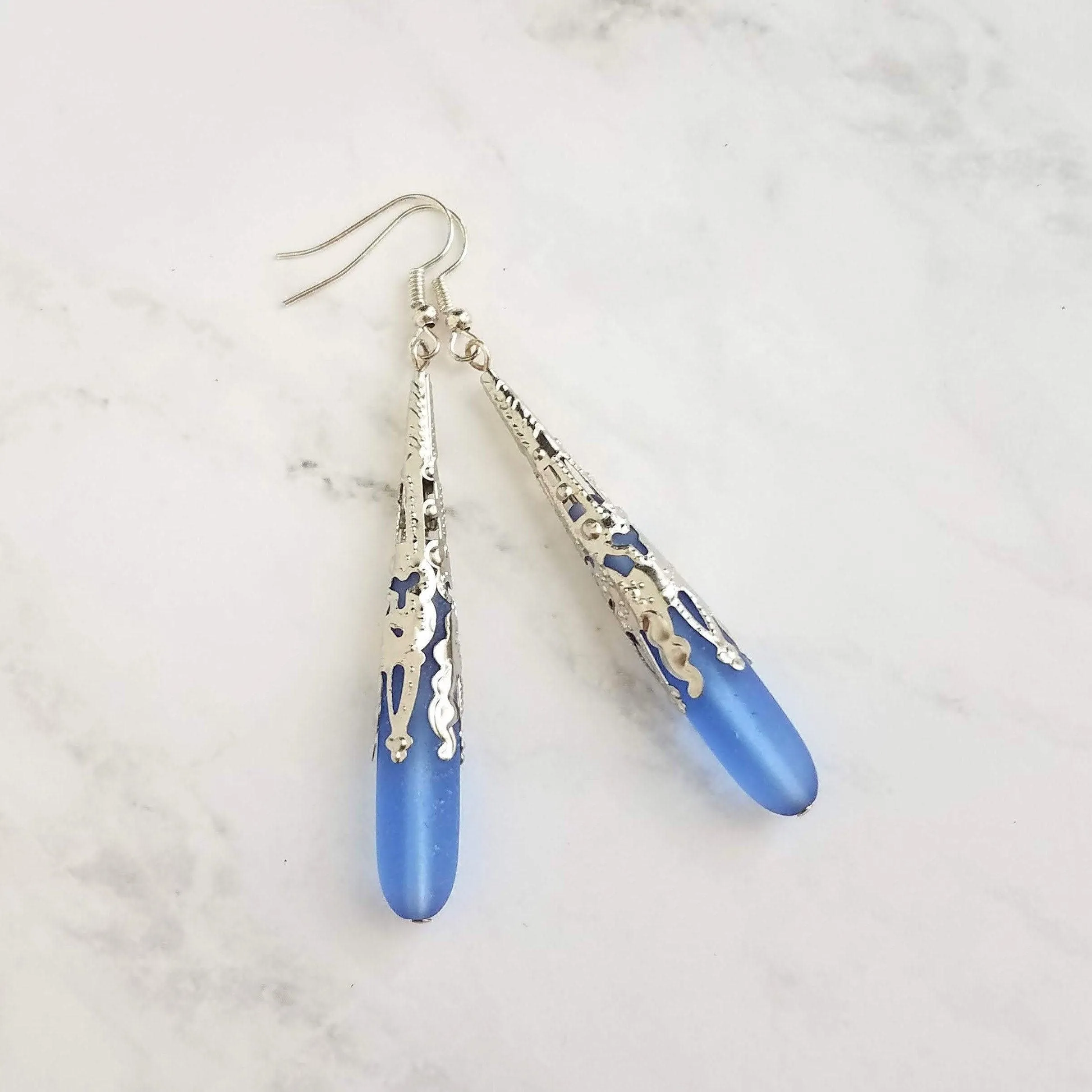 Long Silver Drop Earrings - frosted elongated periwinkle blue/violet sea glass teardrop in thin ornate lacy filigree cone wrap - 3 inch