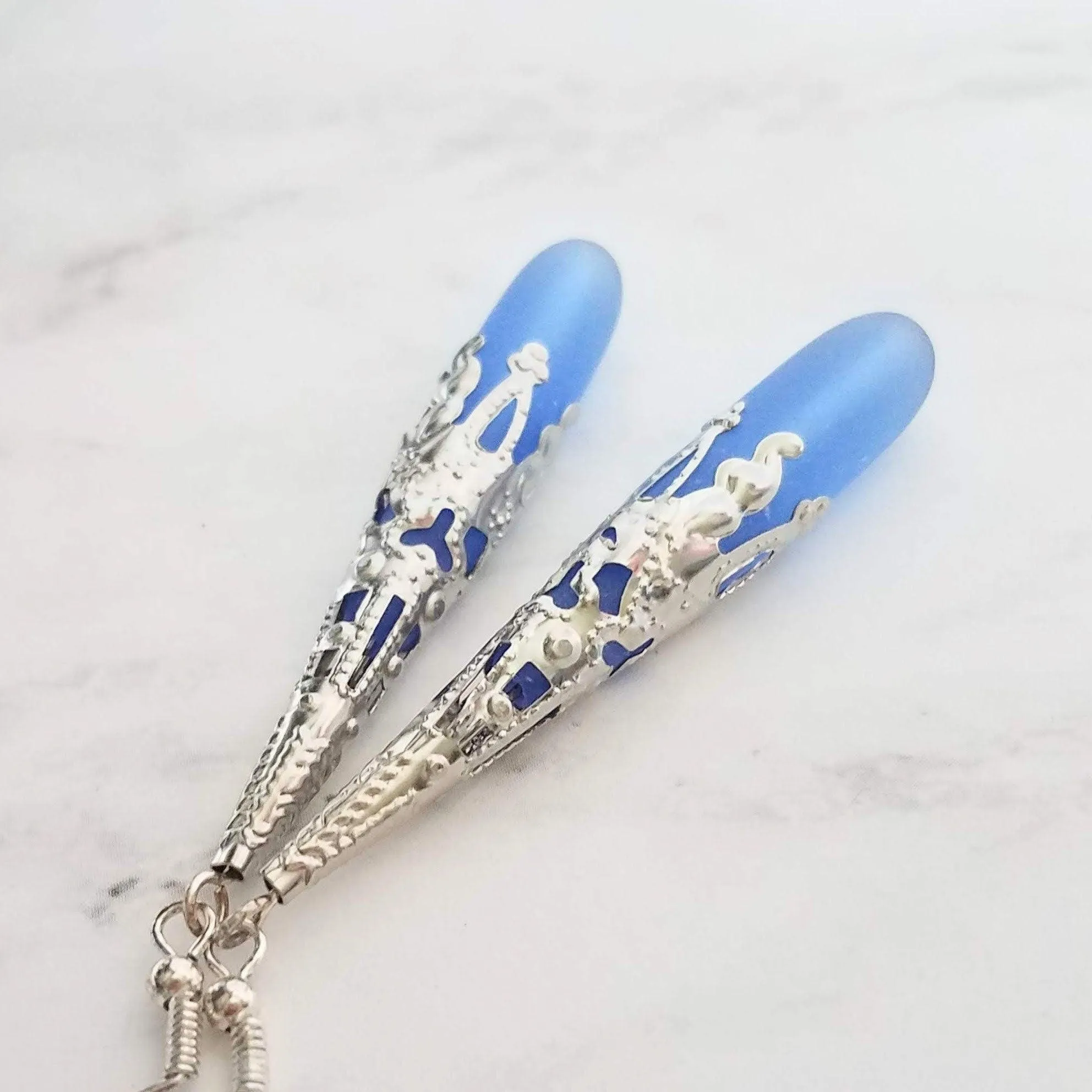 Long Silver Drop Earrings - frosted elongated periwinkle blue/violet sea glass teardrop in thin ornate lacy filigree cone wrap - 3 inch