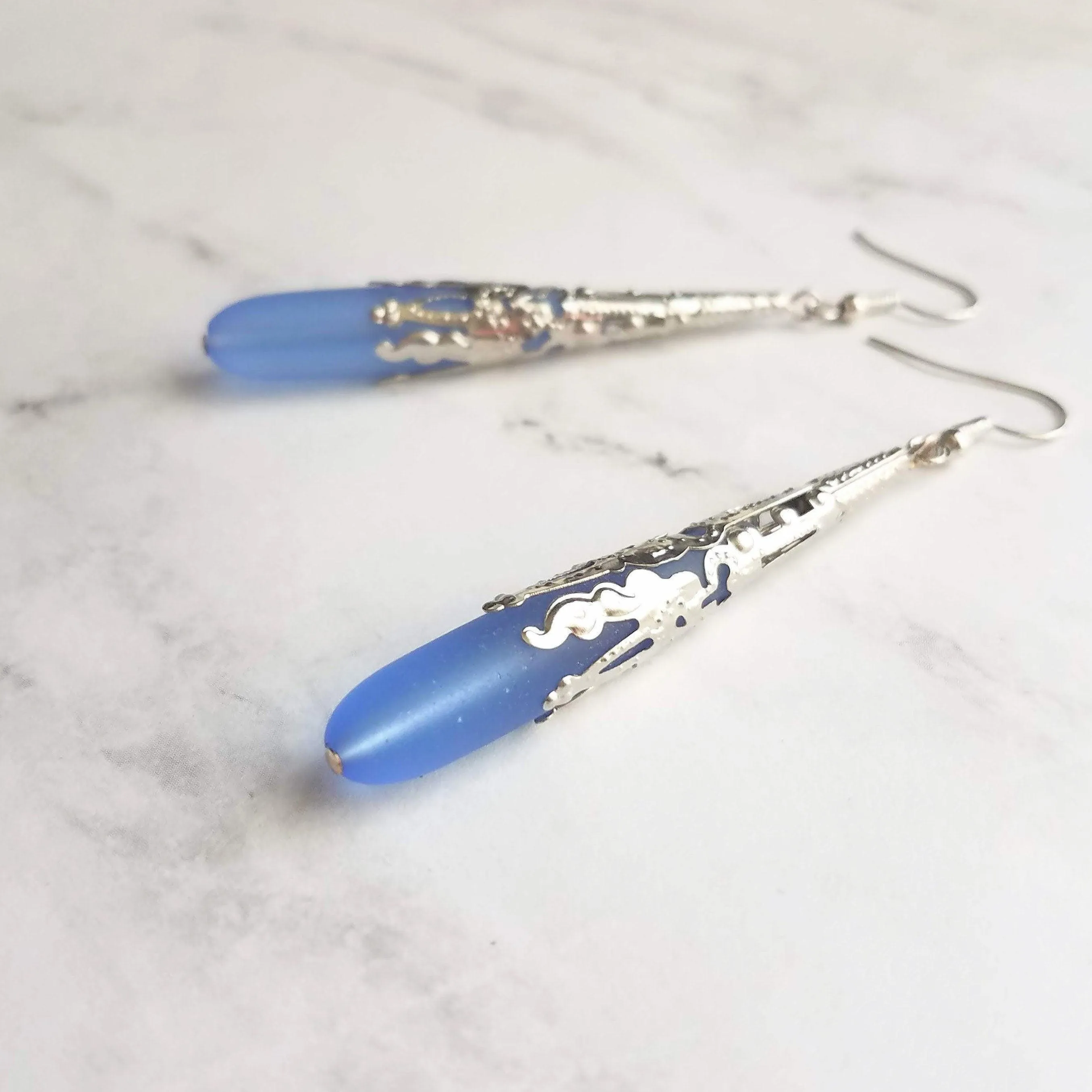 Long Silver Drop Earrings - frosted elongated periwinkle blue/violet sea glass teardrop in thin ornate lacy filigree cone wrap - 3 inch