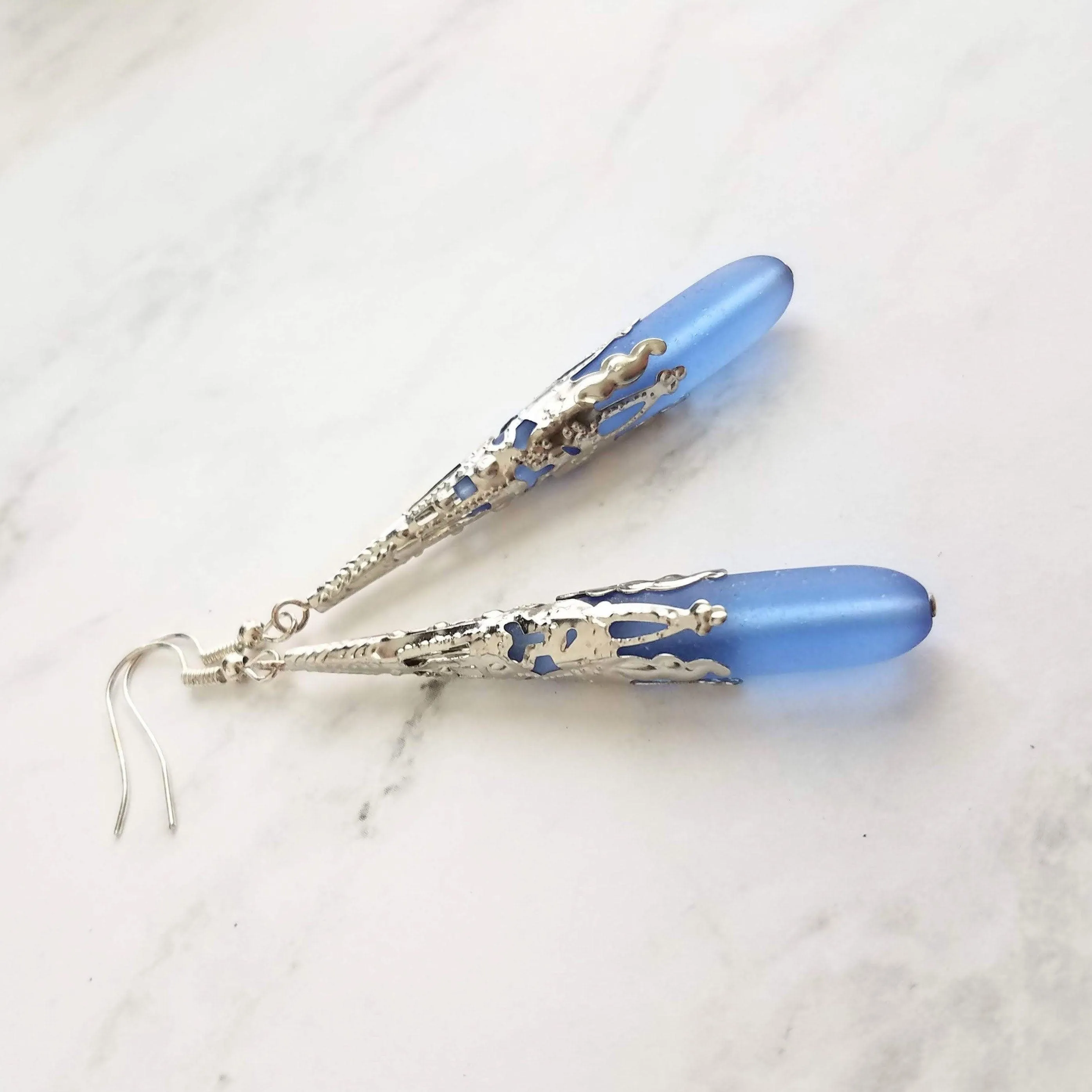 Long Silver Drop Earrings - frosted elongated periwinkle blue/violet sea glass teardrop in thin ornate lacy filigree cone wrap - 3 inch