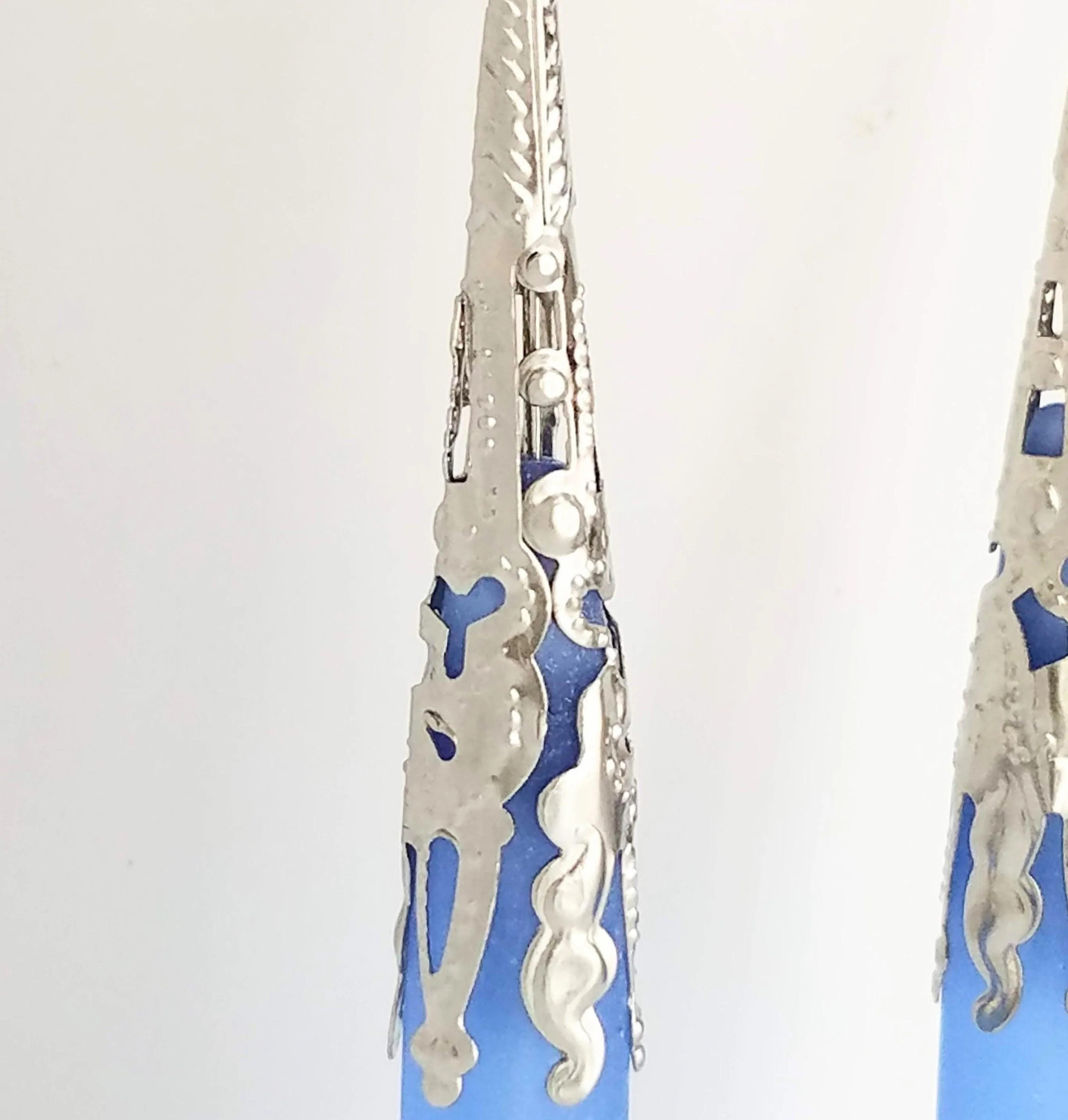 Long Silver Drop Earrings - frosted elongated periwinkle blue/violet sea glass teardrop in thin ornate lacy filigree cone wrap - 3 inch