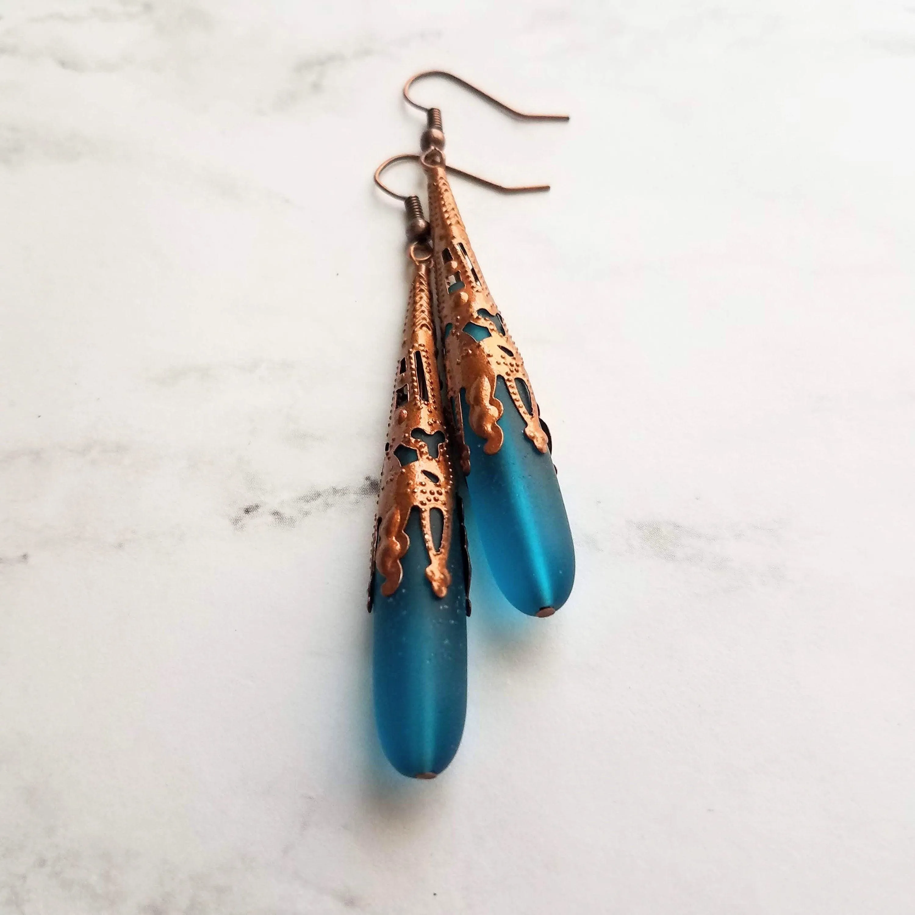 Long Silver Drop Earrings - frosted elongated periwinkle blue/violet sea glass teardrop in thin ornate lacy filigree cone wrap - 3 inch