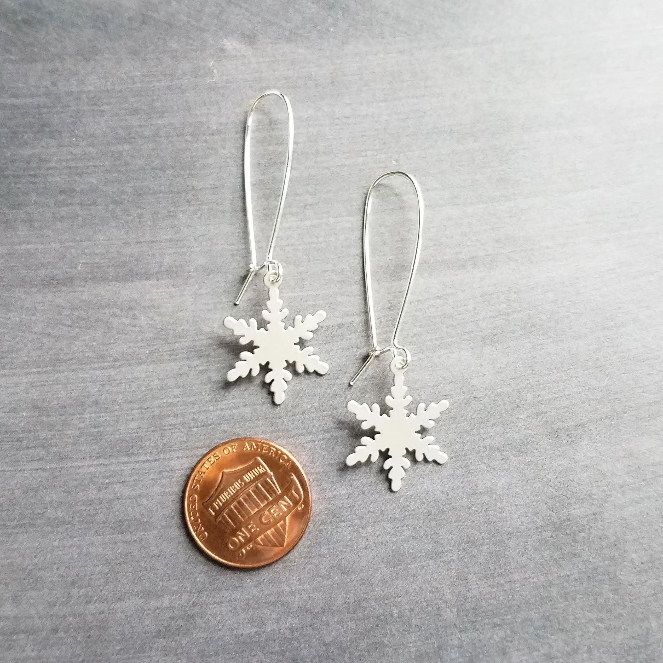 Long Silver Snowflake Earring, large snowflake earring, plain snowflake earring, simple snowflake earring, winter earring, holiday earring