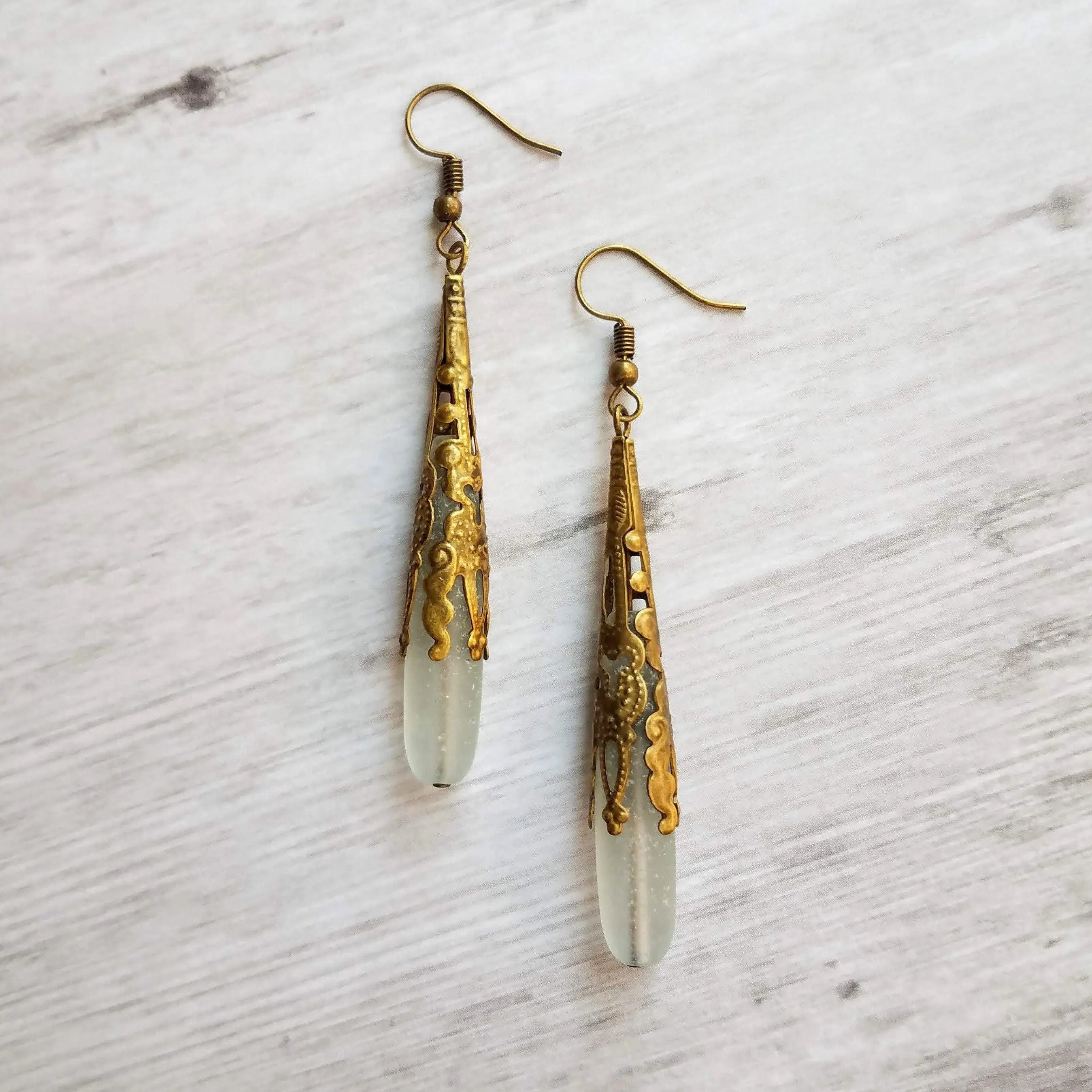Long Thin Drop Earrings, frosted glass earring, sea glass earring, green grey earring, sea glass teardrop, bronze filigree earring, cone