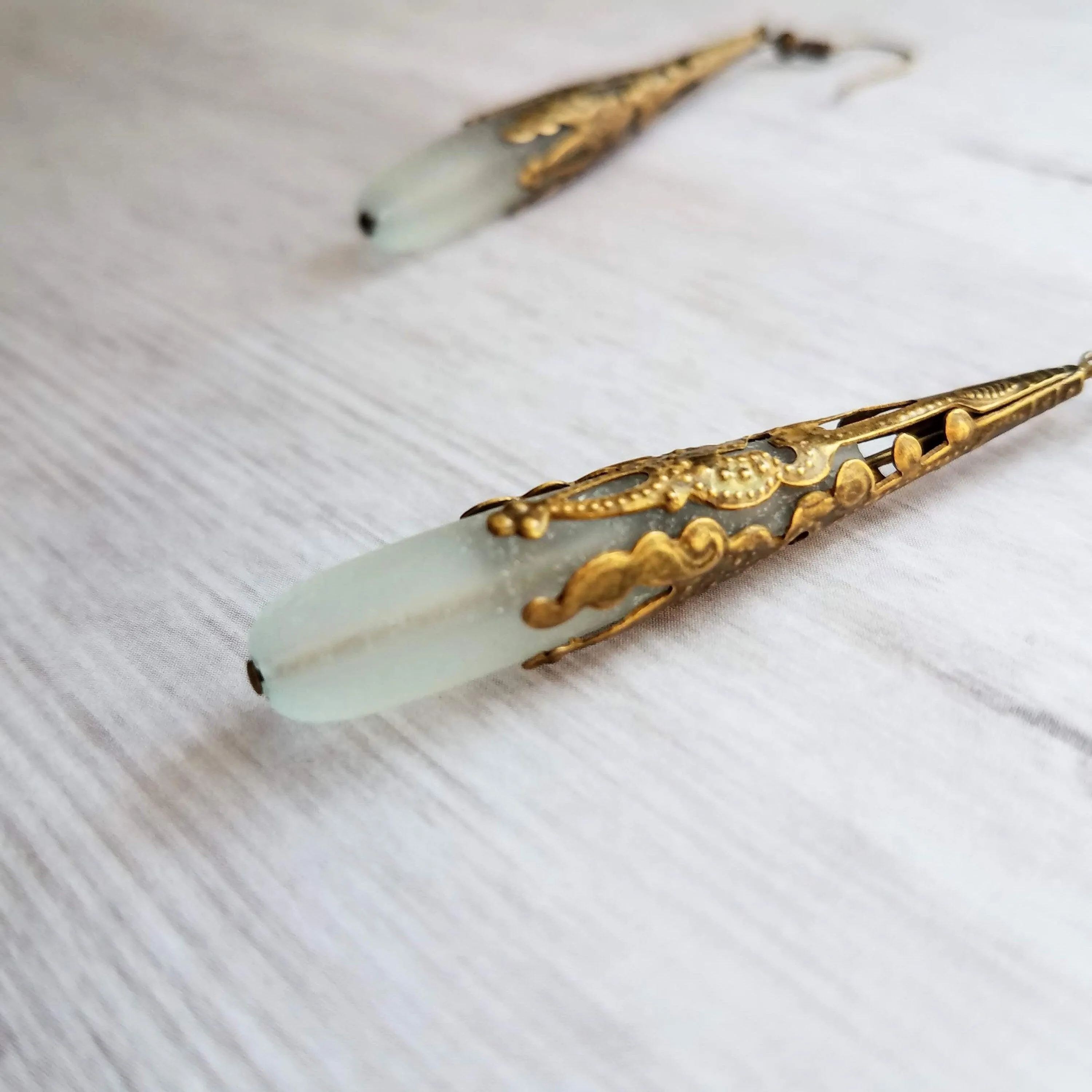 Long Thin Drop Earrings, frosted glass earring, sea glass earring, green grey earring, sea glass teardrop, bronze filigree earring, cone