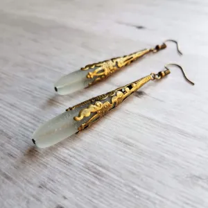 Long Thin Drop Earrings, frosted glass earring, sea glass earring, green grey earring, sea glass teardrop, bronze filigree earring, cone