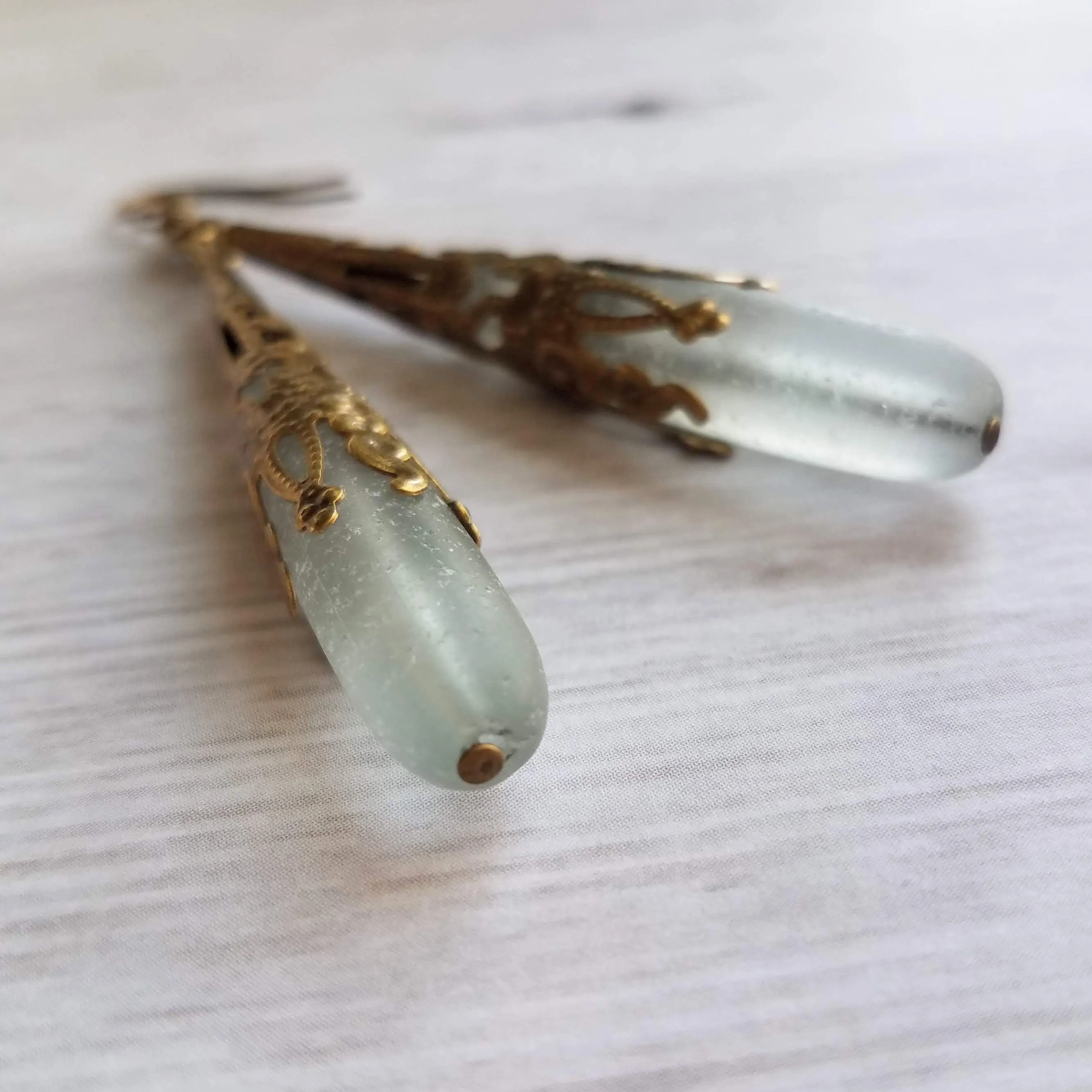 Long Thin Drop Earrings, frosted glass earring, sea glass earring, green grey earring, sea glass teardrop, bronze filigree earring, cone